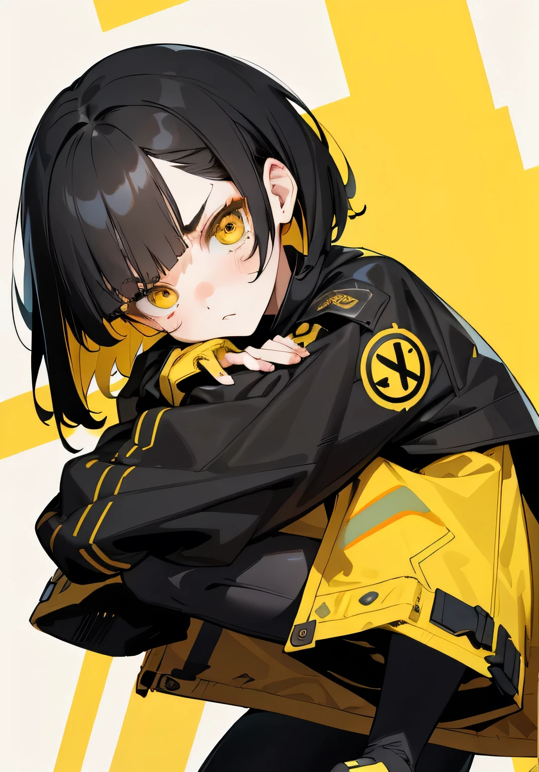 1GIRL, cute girl, finely detailed, (best quality), (intricate details), cute style, apocalypse style, dystopian style, multicolored, ((short black hair)), best quality, ((giant oversized jacket and leggings)), ((black and yellow clothes)), ((round eyes)), beautiful face, cute face, pinup, angry look, stern look, perfect face, simple background portrait