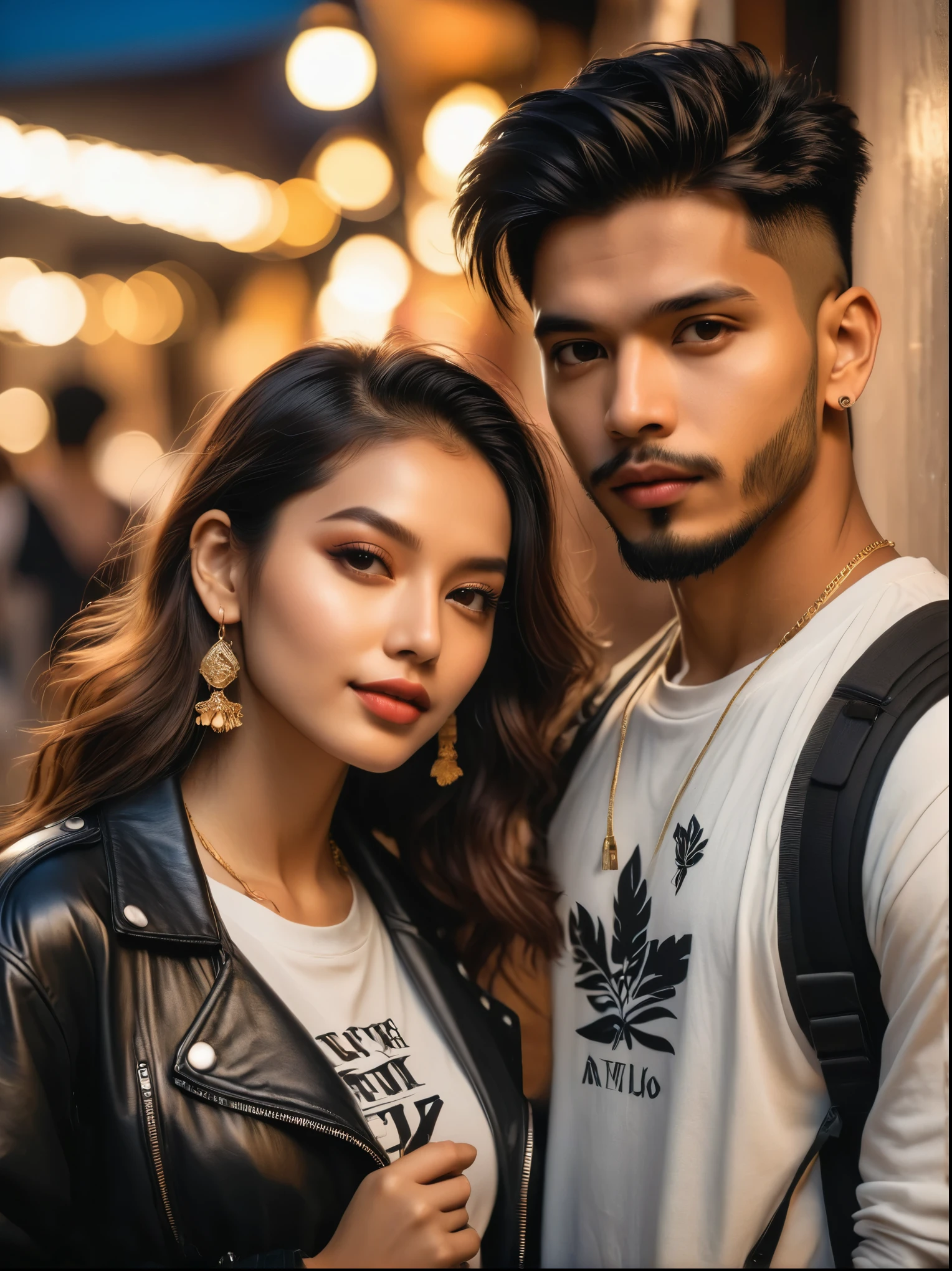 (a photo:1.5), Close shot, (Close-up photos:1.5), A young couple，A white female and a South Asian male，Wear trendy streetwear，Its candid style is reminiscent of paparazzi photography，They were seen sharing intimate moments together，The image was captured with warm tones and soft lighting，The scene looks like it was captured with a high-quality camera such as the Canon EOS 5D Mark IV，Set the configuration to af/1.8 aperture and 50mm focal length，The atmosphere conveys a touch of celebrity romance