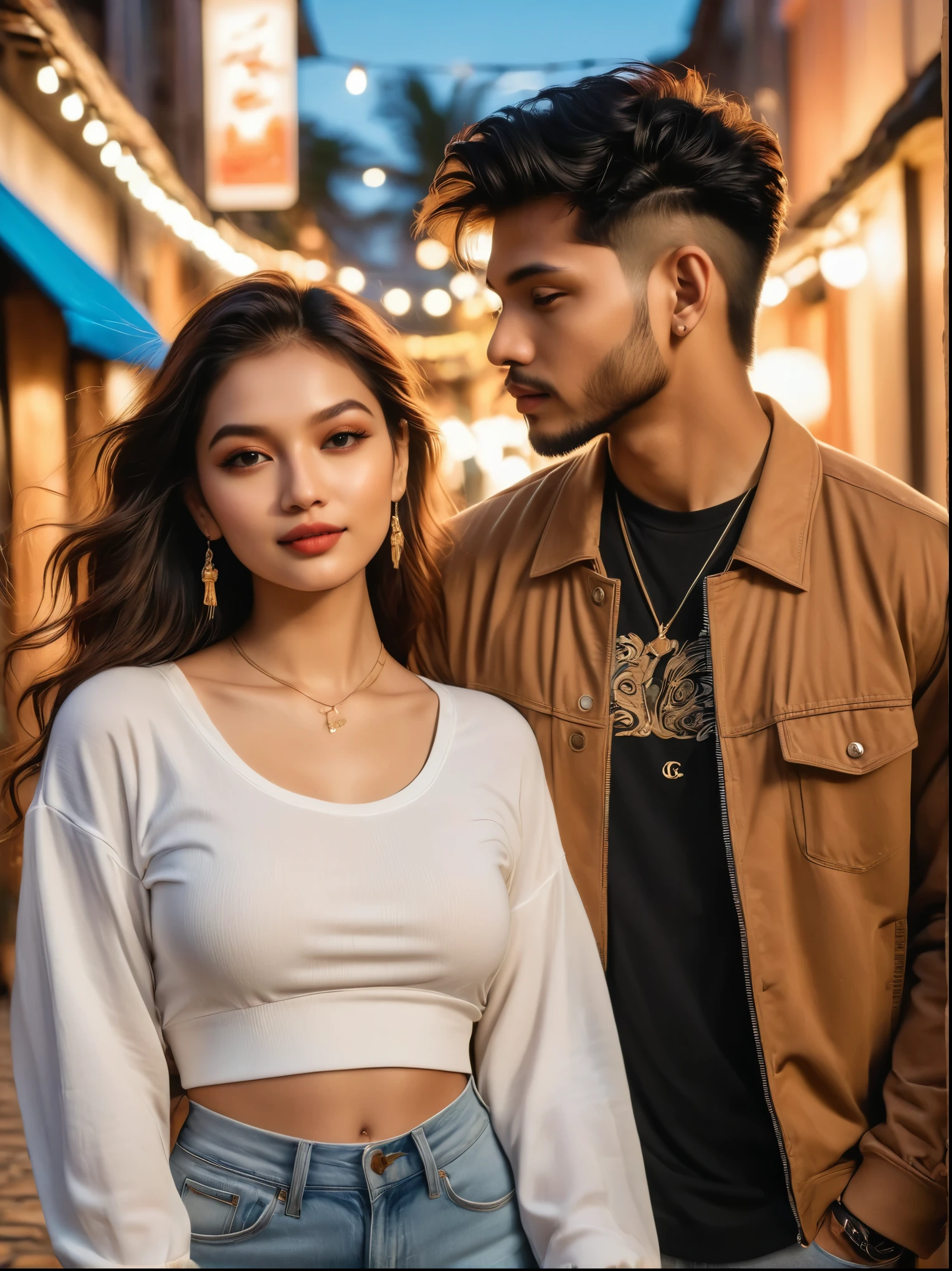 (a photo:1.5), Close shot, (Close-up photos:1.5), A young couple，A white female and a South Asian male，Wear trendy streetwear，Its candid style is reminiscent of paparazzi photography，They were seen sharing intimate moments together，The image was captured with warm tones and soft lighting，The scene looks like it was captured with a high-quality camera such as the Canon EOS 5D Mark IV，Set the configuration to af/1.8 aperture and 50mm focal length，The atmosphere conveys a touch of celebrity romance