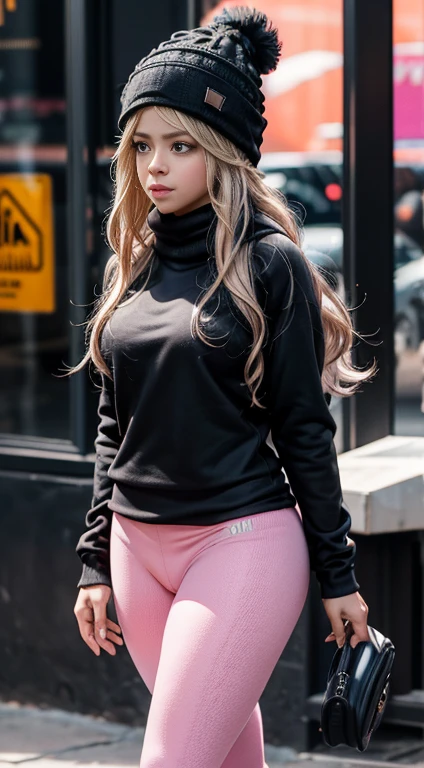 {(Shakira, usando (legging preto de couro), e um (moletom pink, with Stylish Toca De Frio wool beanie), (sensual)corpo peito, quadril largo, cintura fina, coxas largas e grossas}, pernas musculosas.