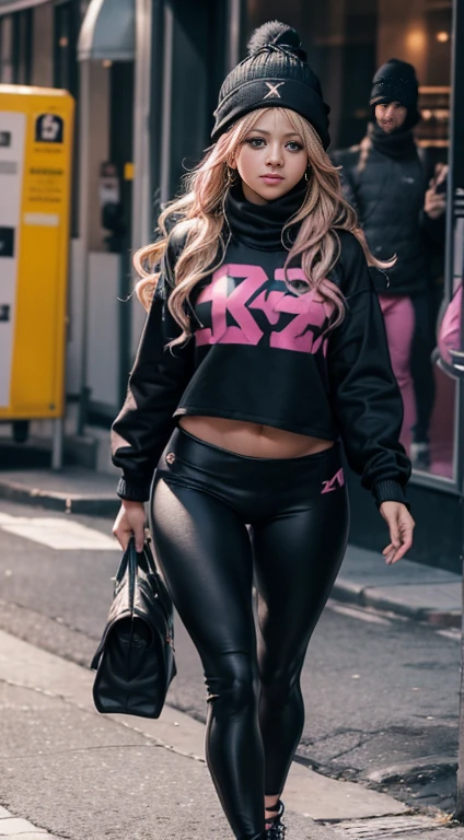 {(Shakira, usando (legging preto de couro), e um (moletom pink, with Stylish Toca De Frio wool beanie), (sensual)corpo peito, quadril largo, cintura fina, coxas largas e grossas}, pernas musculosas.