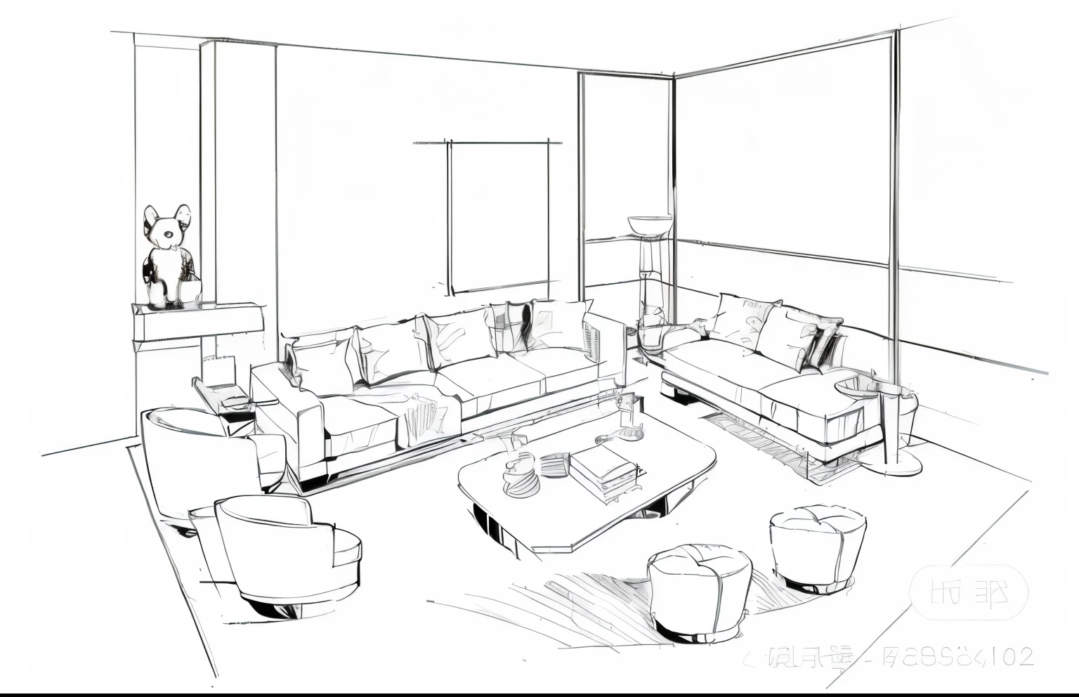 a drawing of a living room with a couch, coffee table, and chairs, interior of a living room, Sketch drawing, 干净的水墨细腻的Line Drawing, Sketch black and white color, interior living room, interior of room, lounge, Line Drawing, living room, line work concept art, in a living room, line art behavior hd, the living room