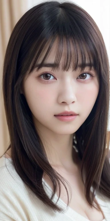 masterpiece, highest quality, 8k, 20th Generation, Big Breasts, cute, alone, sad, cute, Girlish, cute、Delicate girl, Pure beauty,  RAW Photos, Professional photography, Portraiture, Soft Light, Professional Lighting, Backlight, Upper Body, avert your eyes, Sophisticated, Film Grain, (Round face、Young Face、Thin eyebrows、Thin lips:1.0), Floating Hair, beautiful, Flowing hair, bangs, White blouse、pastel cardigan、(Big Breasts:1.2)、I can see a little cleavage、dolly make、Heterochromia iridis、Left and right eyes are different colors、Focus on the face