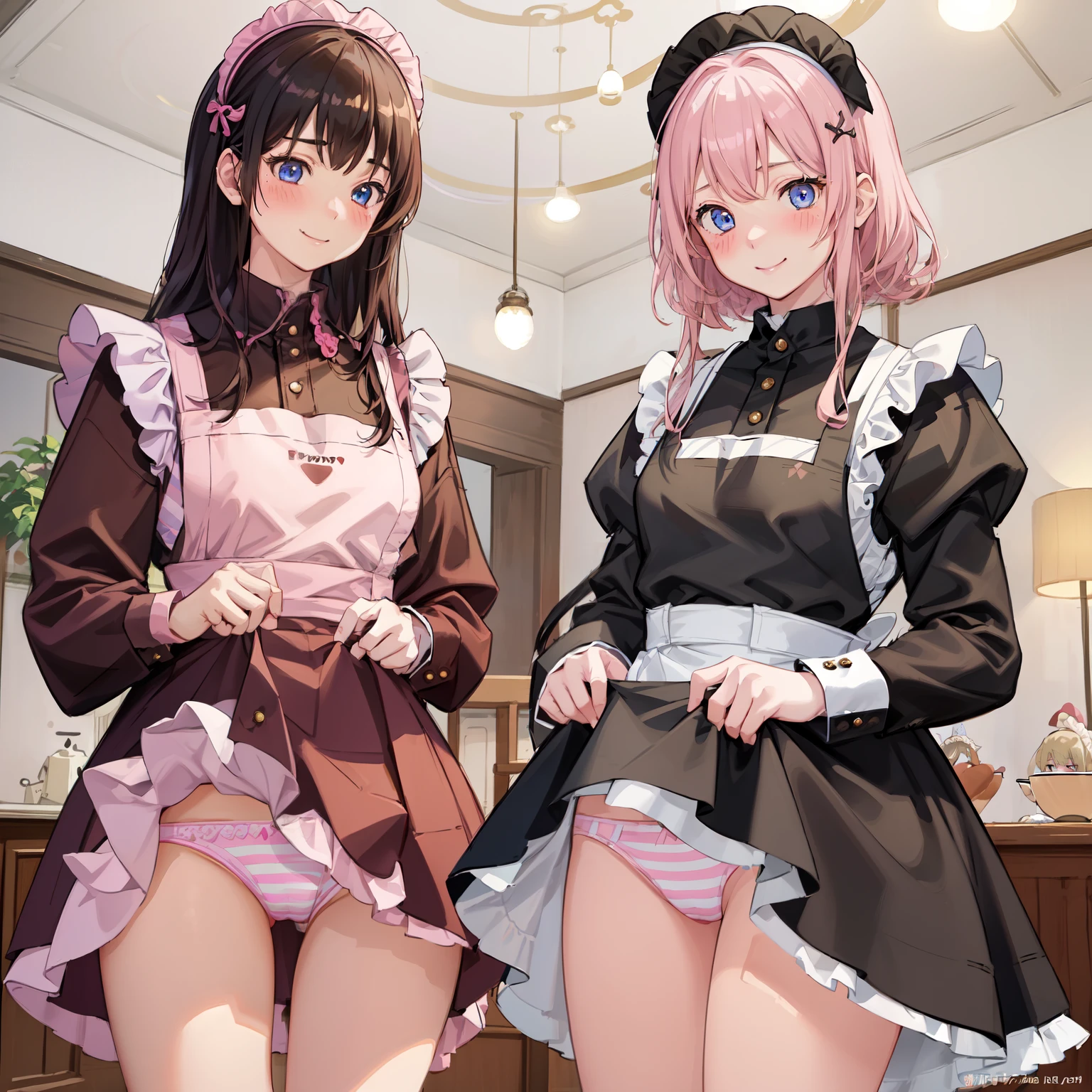 highest quality、masterpiece、((2 girls:1.mile:1.3))、(blush:1.3)、Black Shirt、blouse、((fun!!))、(Small breastsonde、(Long sleeve)、((White apron:1.5))、((Maid))、((hair ornaments)),、Kamimei、look at me、 ((in house:1.5))、 Taking a break from watching the audience、Cowboy Shot、(Skirt lift:1.3),(Highly detailed pink striped panties:1.3)、(detailed panties:1.3)、、(スカート tls up:1.3)、(Panties fully exposed:1.5)、Lue eyes、long hair、Glowing Eyes