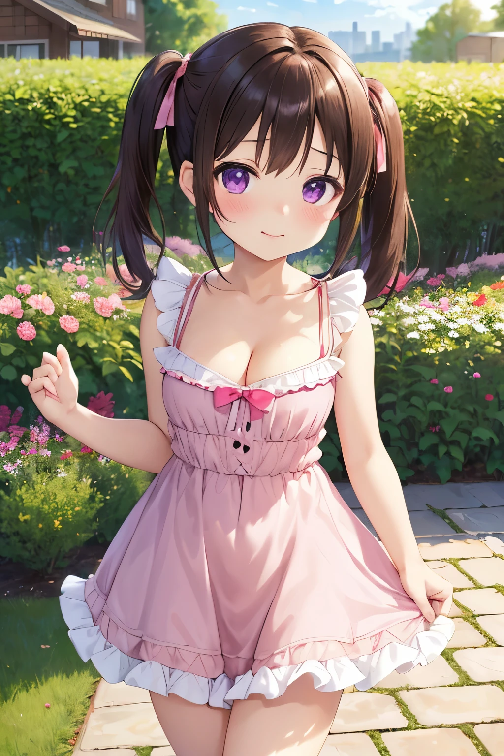 masterpiece, highest quality, Nico_Yazawa,High resolution, 1 girl, alone, Brown Hair, , Twin tails、Purple eyes, Cowboy Shot, Lifted frill dress, , Pink too short dress, ((Cleavage))、(Beautiful thighs)、city, Outdoor, garden, ((Big  and a very cute &#39;s face:1.25))、Girls who love to show off their panties、Chibi Cute:1.5、nsfw