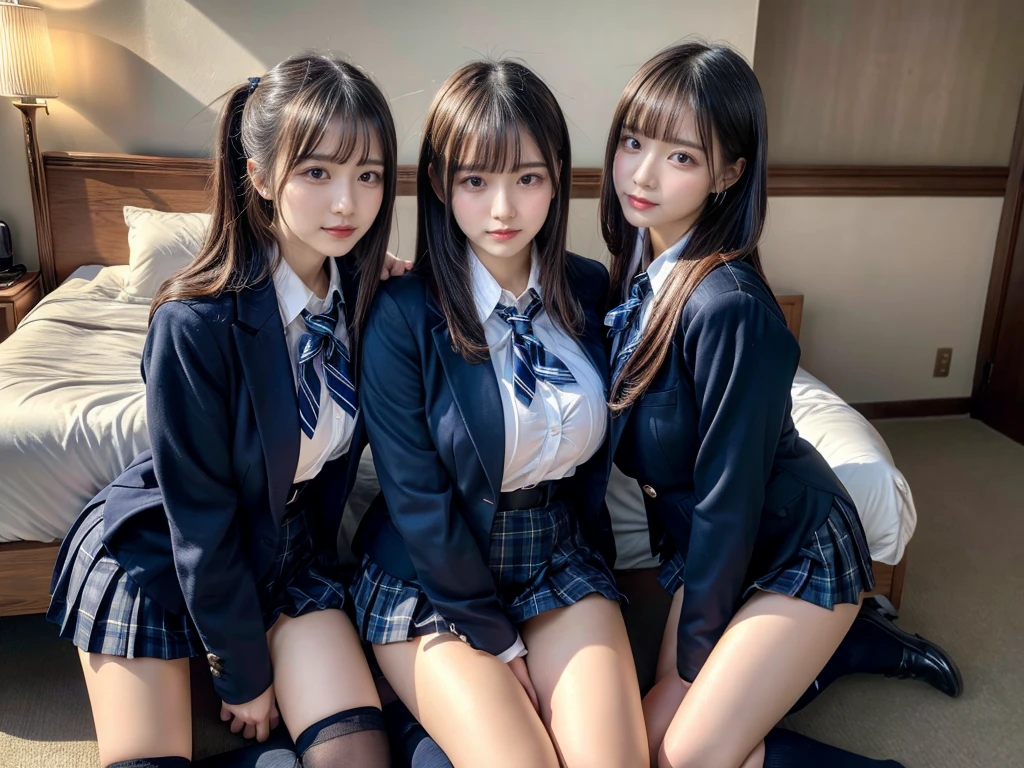 (8K, Raw photography, top-quality, masterpiece:1.2), master piece, best quality, illustration, Super detailed, fine details, High resolution, 8K,wall paper, perfect dynamic composition,(Details High quality, realistic depiction of eyes:1.3), ((2 girls, 2 girls)), The background is a luxury hotel room、High school girl uniform、blazer 、Super Short Check Uniform Skirt、Navy blue high socks、garterbelts、Colossal tits、Disturbed uniform, Play with each other,Touching each other's bodies,Touching the body of the girl next door, short bob hair, black hair color, huge breasts, Big Natural Color Lip, bold sexy pose, (perfect body shape), crying a little、cold gaze, Beautiful makeup,glitter makeup,Cutest 18 years old, beautiful legs, hposing Gravure Idol, Voluptuous thighs