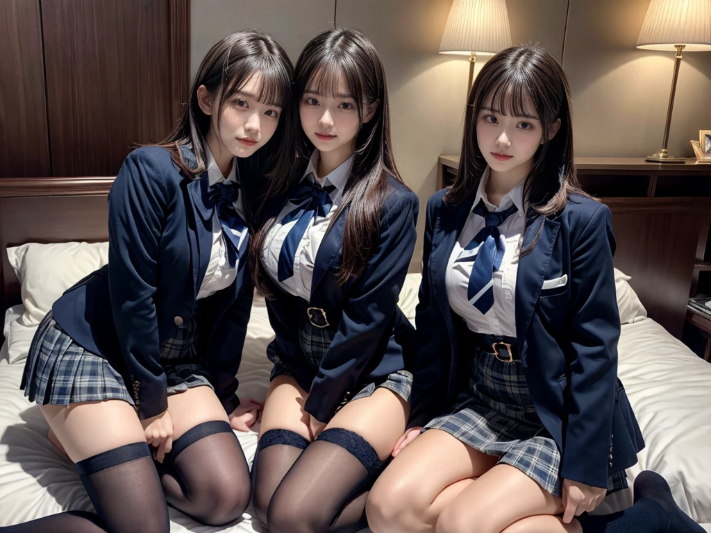 (8K, Raw photography, top-quality, masterpiece:1.2), master piece, best quality, illustration, Super detailed, fine details, High resolution, 8K,wall paper, perfect dynamic composition,(Details High quality, realistic depiction of eyes:1.3), ((2 girls, 2 schoolgirls)), The background is a luxury hotel room、High school girl uniform、blazer 、Super Short Check Uniform Skirt、Navy blue high socks、garterbelts、Colossal tits、Disturbed uniform, Play with each other,Touching each other's bodies,Touching the body of the girl next door, short bob hair, black hair color, huge breasts, Big Natural Color Lip, bold sexy pose, (perfect body shape), crying a little、cold gaze, Beautiful makeup,glitter makeup,Cutest 18 years old, beautiful legs, hposing Gravure Idol, Voluptuous thighs