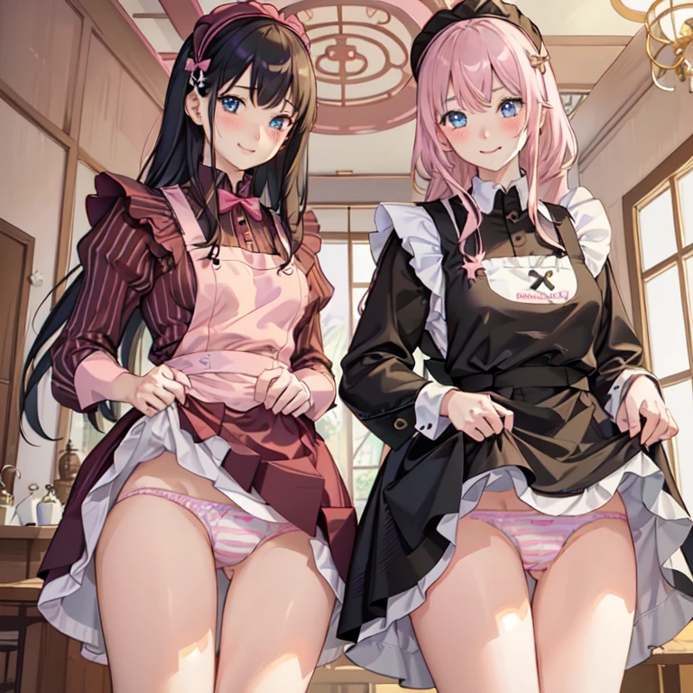 highest quality、masterpiece、((2 girls:1.5))、((smile:1.3))、(blush:1.3)、Black Shirt、blouse、((fun!!))、(Small breasts)、()、Blonde、(Long sleeve)、((White apron:1.5))、((Maid))、((hair ornaments)),、Kamimei、look at me、 ((in house:1.5))、 Taking a break from watching the audience、Cowboy Shot、(Skirt lift:1.3),(Highly detailed pink striped panties:1.3)、(Highly detailed panties:1.3)、、(スカート that rolls up:1.3)、(Panties fully exposed:1.5)、Light blue eyes、long hair、Glowing Eyes