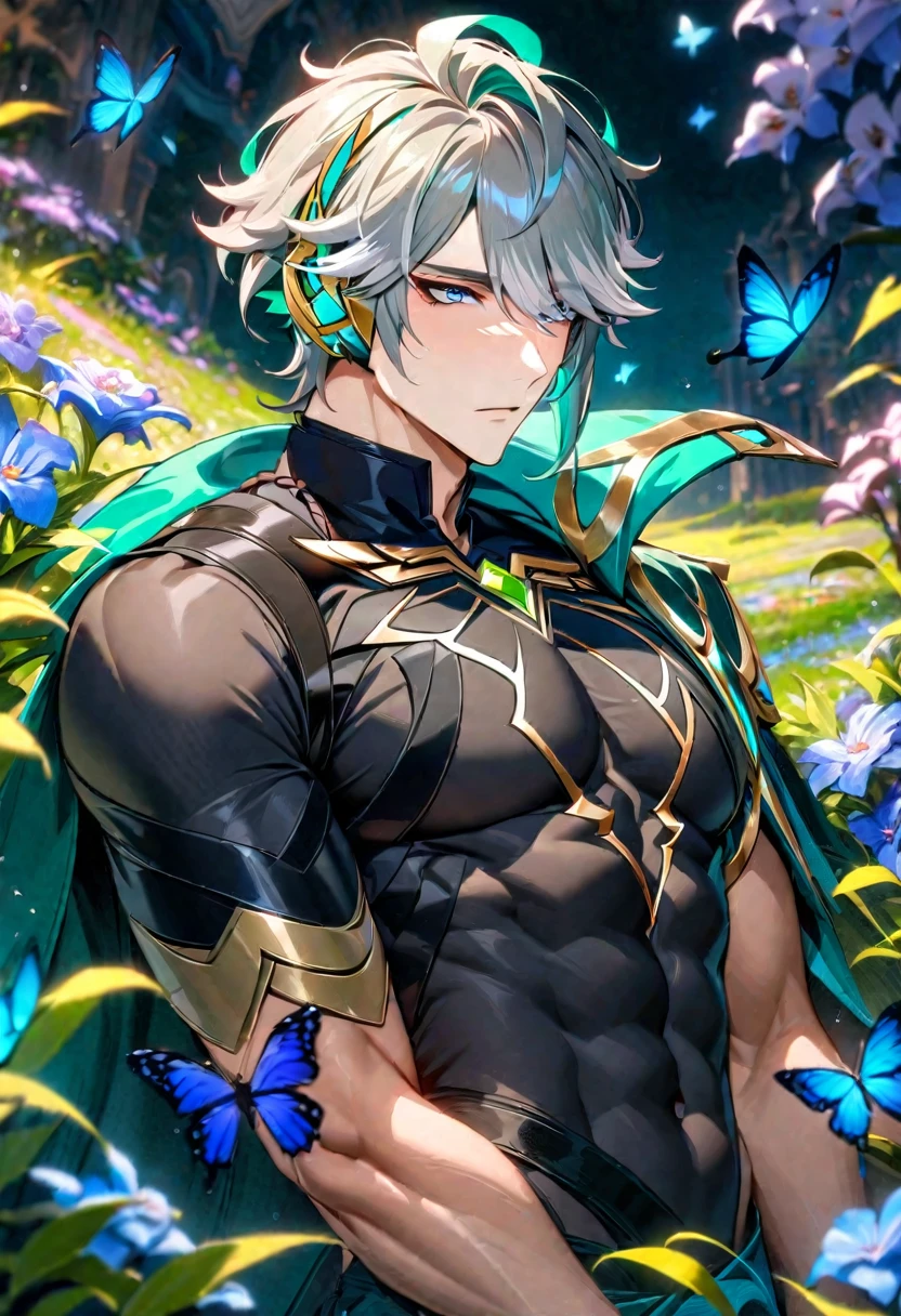 absurdres, highres, ultra detailed, HDR, master piece, best quality, perfect face, Alhaitham, gray hair, expressive blue eyes, Genshin Impact, solo, sexy man, handsome, toned chest, sensual, erotic, black tight shirt, green cape, a blue field full of beautiful flowers and butterflies, exquisite colors, purple, blue
