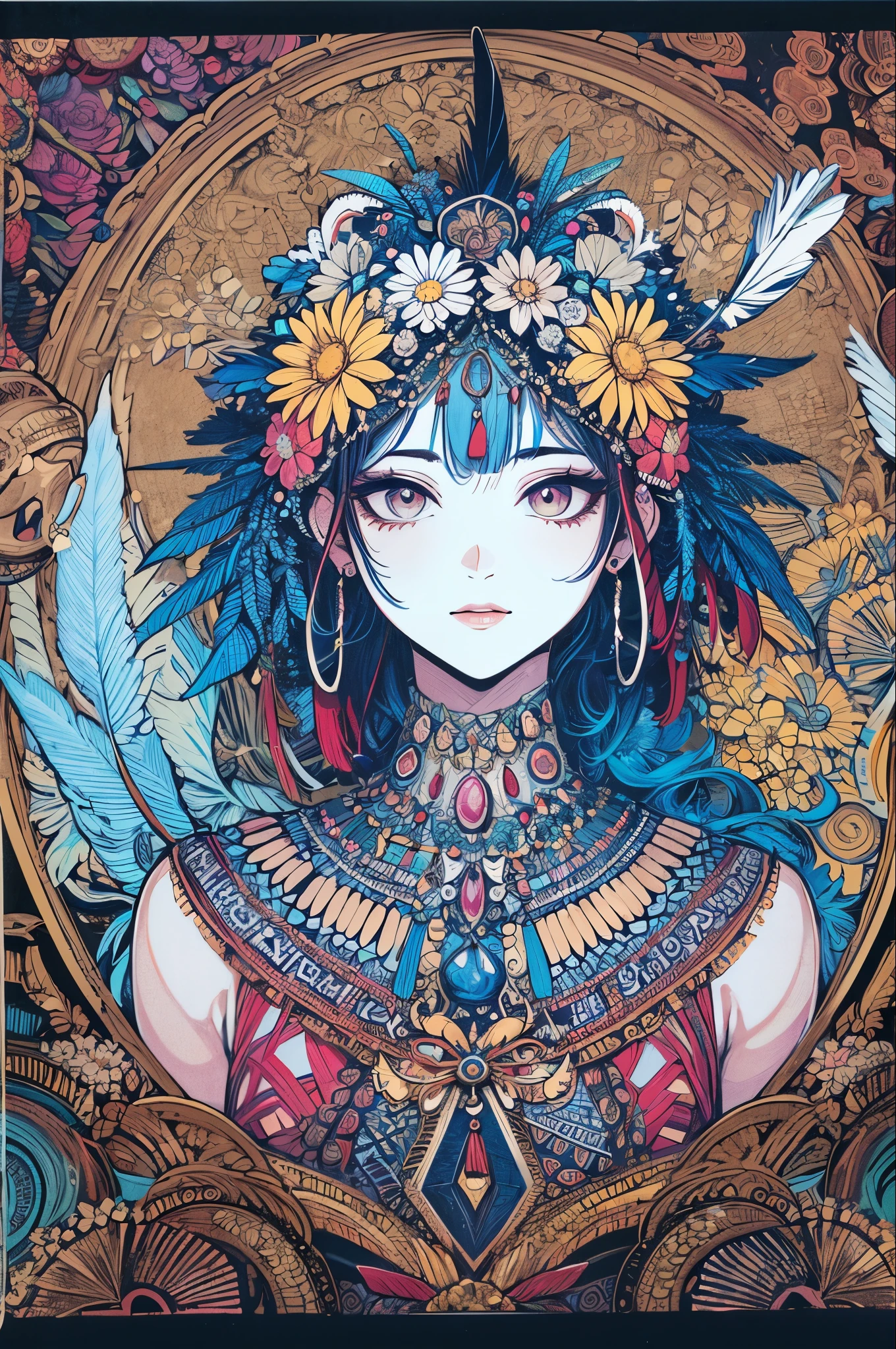 (Official Art, beautifully、aesthetic:1.2), (One girl:1.3),(Fractal Art:1.1),(colorful:1.1)(Flowers:1.3),Most detailed,(Zentangle:1.2), whole body, (Abstract background:1.3), (Shiny skin), (Many colors:1.4), ,(Earrings), (feather:1.5),