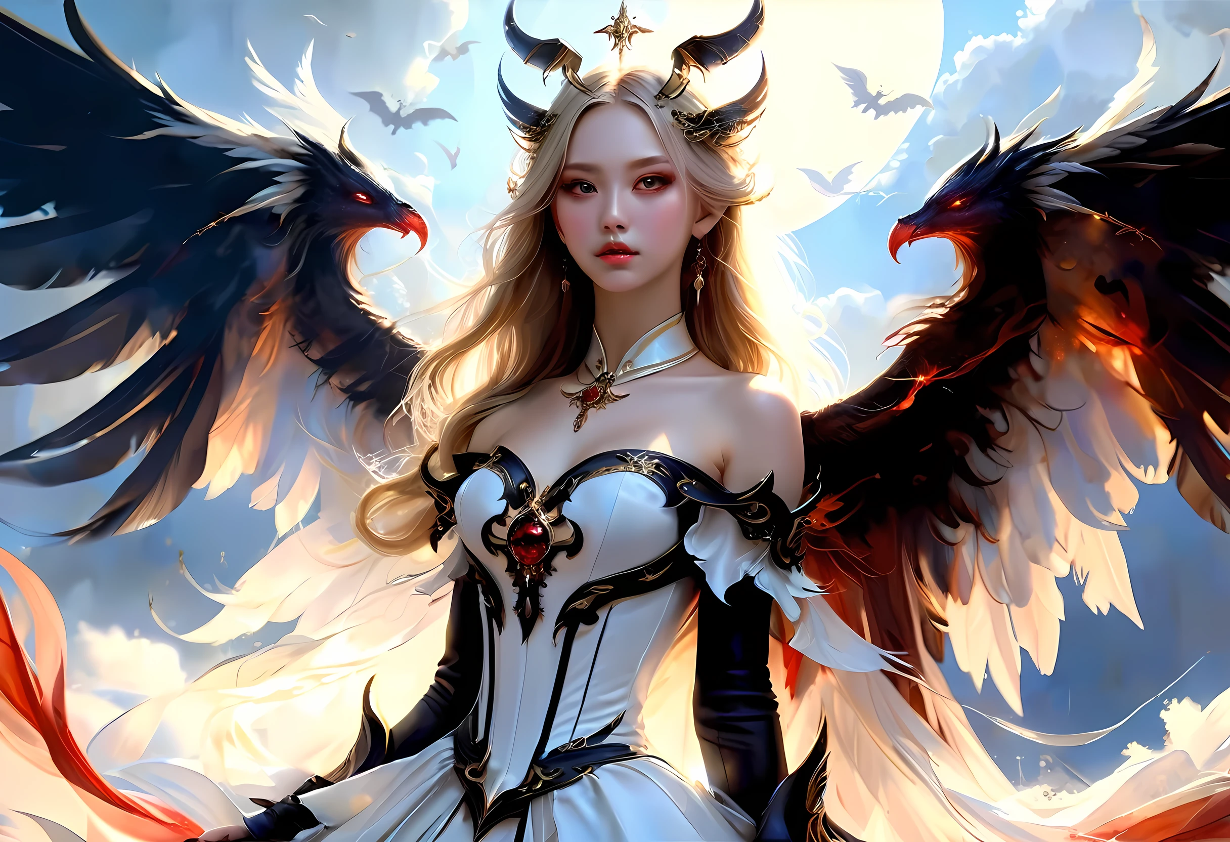 ((a picture of 2 women 1angel and 1demon), (highest quality, masterpiece, High resolution), 16K, fantasy art, RPG art BREAK a (1female angel: 1.3) , wearing dress, pale skin, best details beautiful face , (blond: 1.2) hair, long hair wavy hair (blue: 1.1) eyes, high heeled boots, wearing a dress, large angelic wings, (white: 1.2) angelic wings spread BREAK ((AND)) a (1female demon: 1.3), (red: 1.2) skin, demonic wings, (black: 1.1) demonic wings spread, demonic horns, (red: 1.1) skin, black hair, red eyes, best details beautiful face, wearing a dress, high heels, in the border between heaven and hell, moon, stars, clouds, god rays, soft natural light silhouette, dynamic angle, photorealism, panoramic view (Masterpiece 1.3, intense details) , Wide-Angle, Ultra-Wide