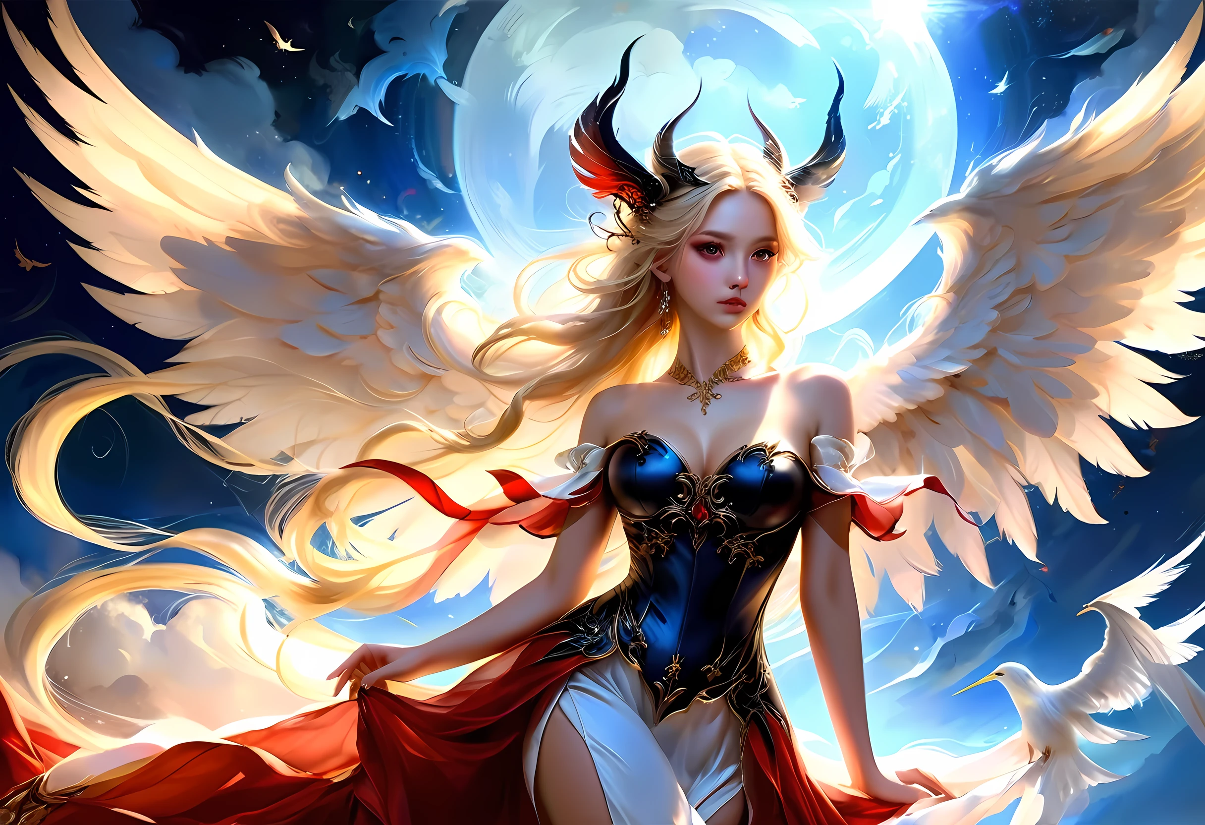 ((a picture of 2 women 1angel and 1demon), (highest quality, masterpiece, High resolution), 16K, fantasy art, RPG art BREAK a (1female angel: 1.3) , wearing dress, pale skin, best details beautiful face , (blond: 1.2) hair, long hair wavy hair (blue: 1.1) eyes, high heeled boots, wearing a dress, large angelic wings, (white: 1.2) angelic wings spread BREAK ((AND)) a (1female demon: 1.3), (red: 1.2) skin, demonic wings, (black: 1.1) demonic wings spread, demonic horns, (red: 1.1) skin, black hair, red eyes, best details beautiful face, wearing a dress, high heels, in the border between heaven and hell, moon, stars, clouds, god rays, soft natural light silhouette, dynamic angle, photorealism, panoramic view (Masterpiece 1.3, intense details) , Wide-Angle, Ultra-Wide