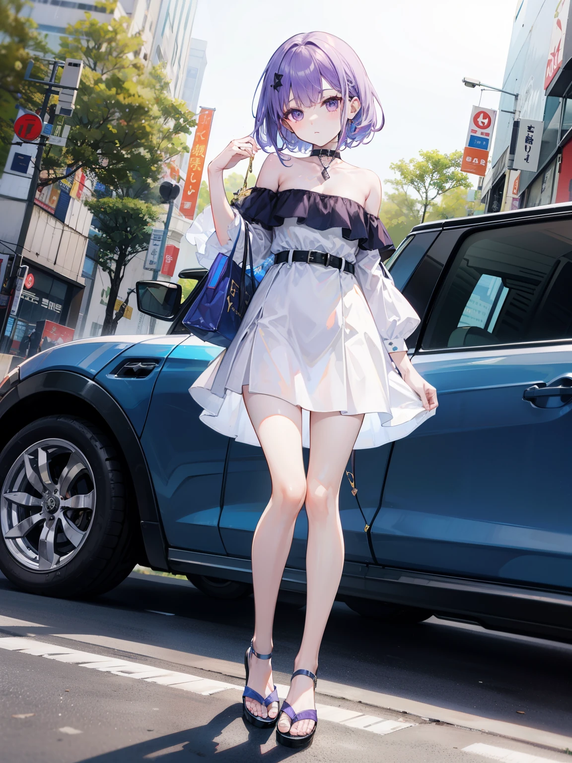 Dynamic posing, dynamic angle,Top quality work,((summer)), Show Legs,8K, photo image, masterpiece,super resolution ,(long silver-purple hair),(purple eyes), Pale light and shadow, Very bright white background, 1 girl,((denim slim Dresses)),((Strapless Tube denim Dresses Off Shoulder)),((Bodycon Mini Dress)), ((without sleeves)),black heels, (at the tokyo street),small round chest, only denim dress, full-body view,(park in the background)
