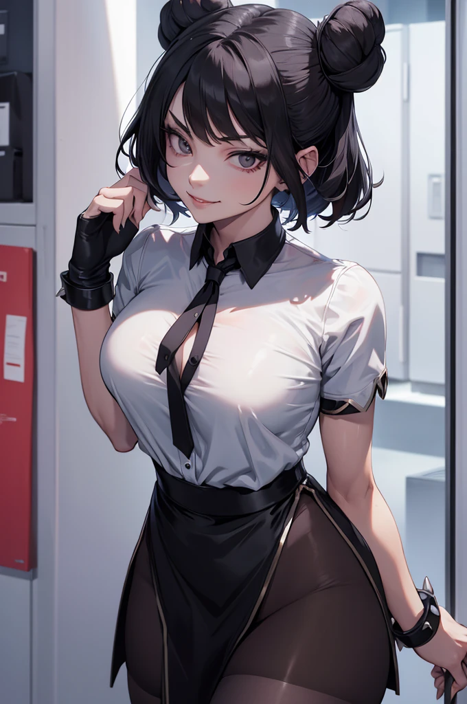 juri han, work of art, tight white secretary shirt with black tie, black high waist skirt, short skirt, short hair, black hair, black tights evil smile,oculos
