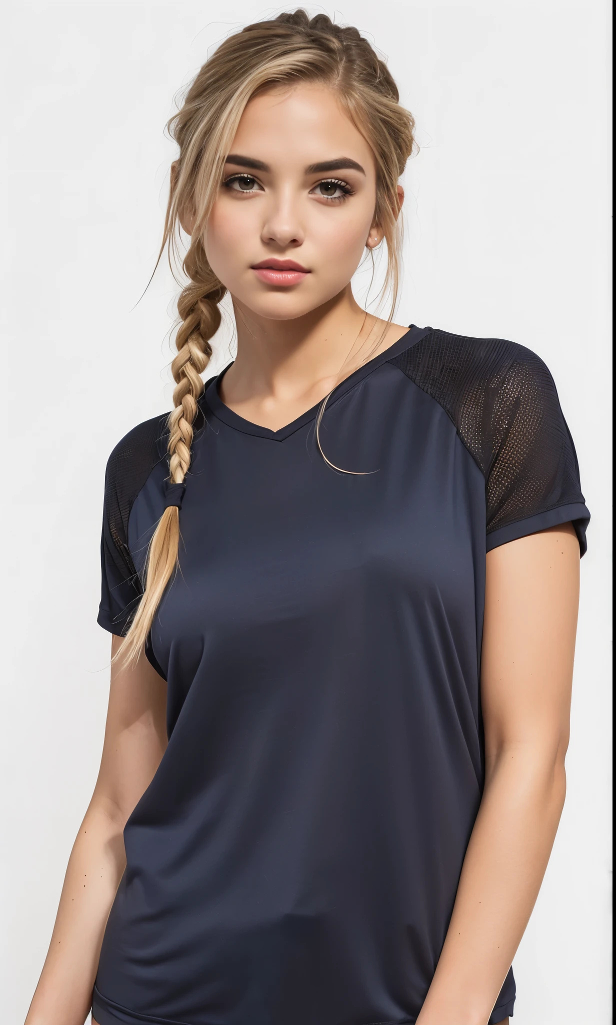 uma mulher de blusa preta e short azul posando para uma foto, Manga curta, roupas esportivas, Risco, roupas esportivas, usando camiseta com decote em V, mesh camiseta, Busto, Toned arms, sport t-camisa, camiseta, embaralhamento dos namorados, camiseta, suki, euro, marrecos, ashé, detalhe perfeito