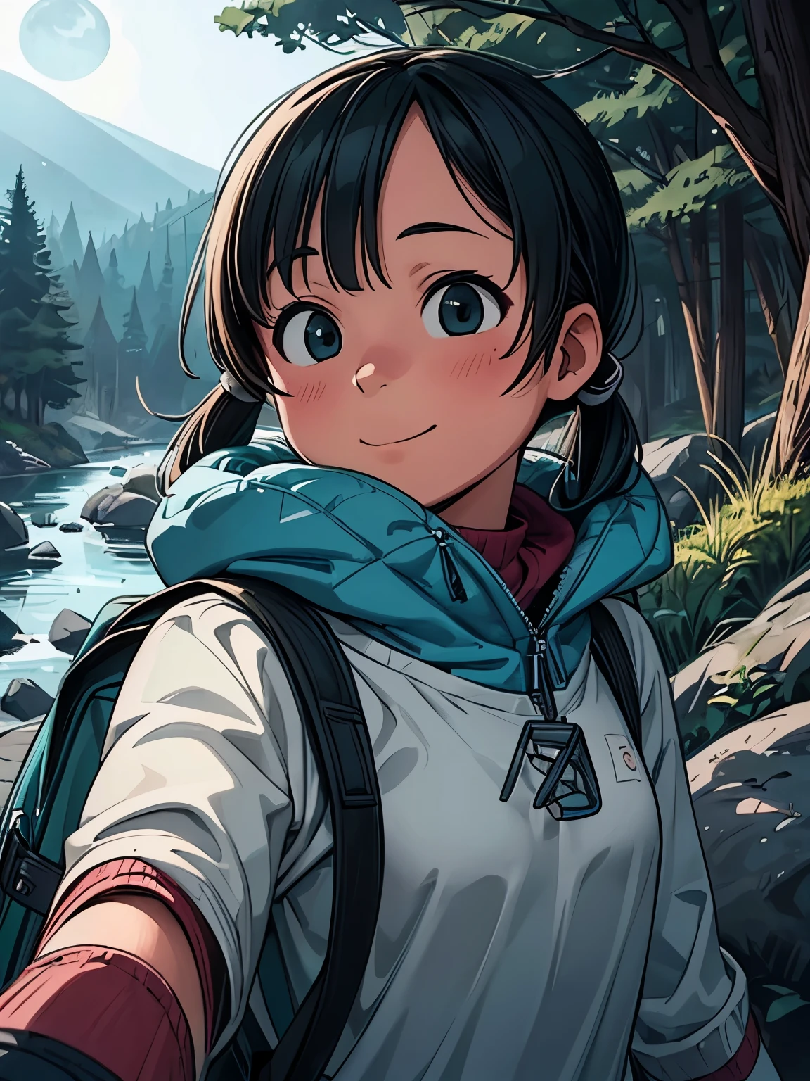 (masterpiece、highest quality、highest quality、Official Art、Beautiful and beautiful:1.2)、(One girl:1.3)Hatsune Miku、Twin tails,Big Breasts,Veronica Cypher ((Upper Body selfie, Happy)), masterpiece, highest quality, Super detailed, alone, Outdoor, (night), Mountain々, nature, (performer, moon) Hilarious, Happy, Backpack, sleeping bag, Camping stove, Water bottle, Mountain boots, gloves, sweater, Have, flashlight, forest, rock, river, wood, cigarette, Shadow, Contrast, sunny, Analog Style (View the viewer:1.2) (Skin Texture) (Film Grain:1.3), (Warm shades, Warm Tones) :1.2), close, Cinematic Light, Side light, Ultra-high resolution, Best Shadow, born, Upper Body, , Wearing a Kodak Vision 3 pullover,