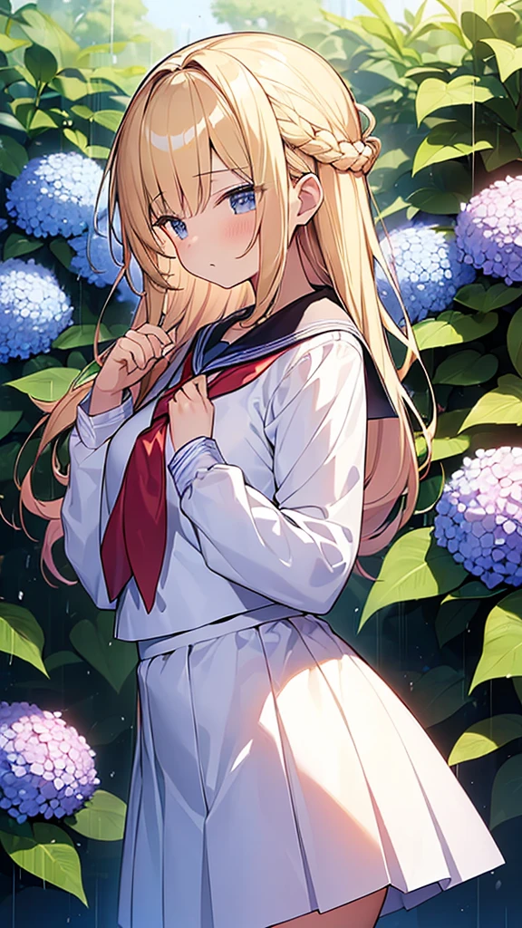 (Masterpiece, Top quality: 1.5), side view, looking up, (1 beautiful blond hair girl), Many hydrangea flowers, (Sailor suit、Navy Skirt、Red tie), beautiful scene, rainy, dim, Holding a large pink umbrella, (), soft line drawing, digital enhancement, A melancholic look, ( Hair length to shoulders), braid, angle from which the whole body is visible, entangle, dynamic pose