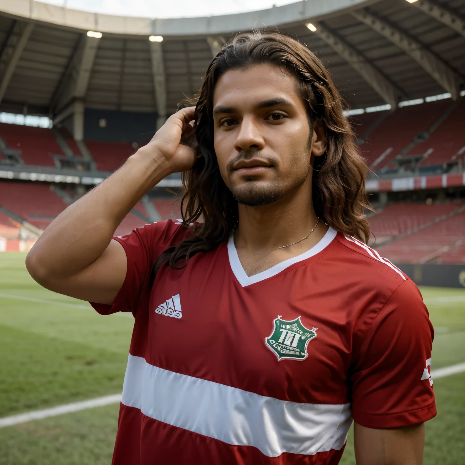 Jogador com um cabelo um pouco grande,comemorando no stadio com a camisa do flamengo