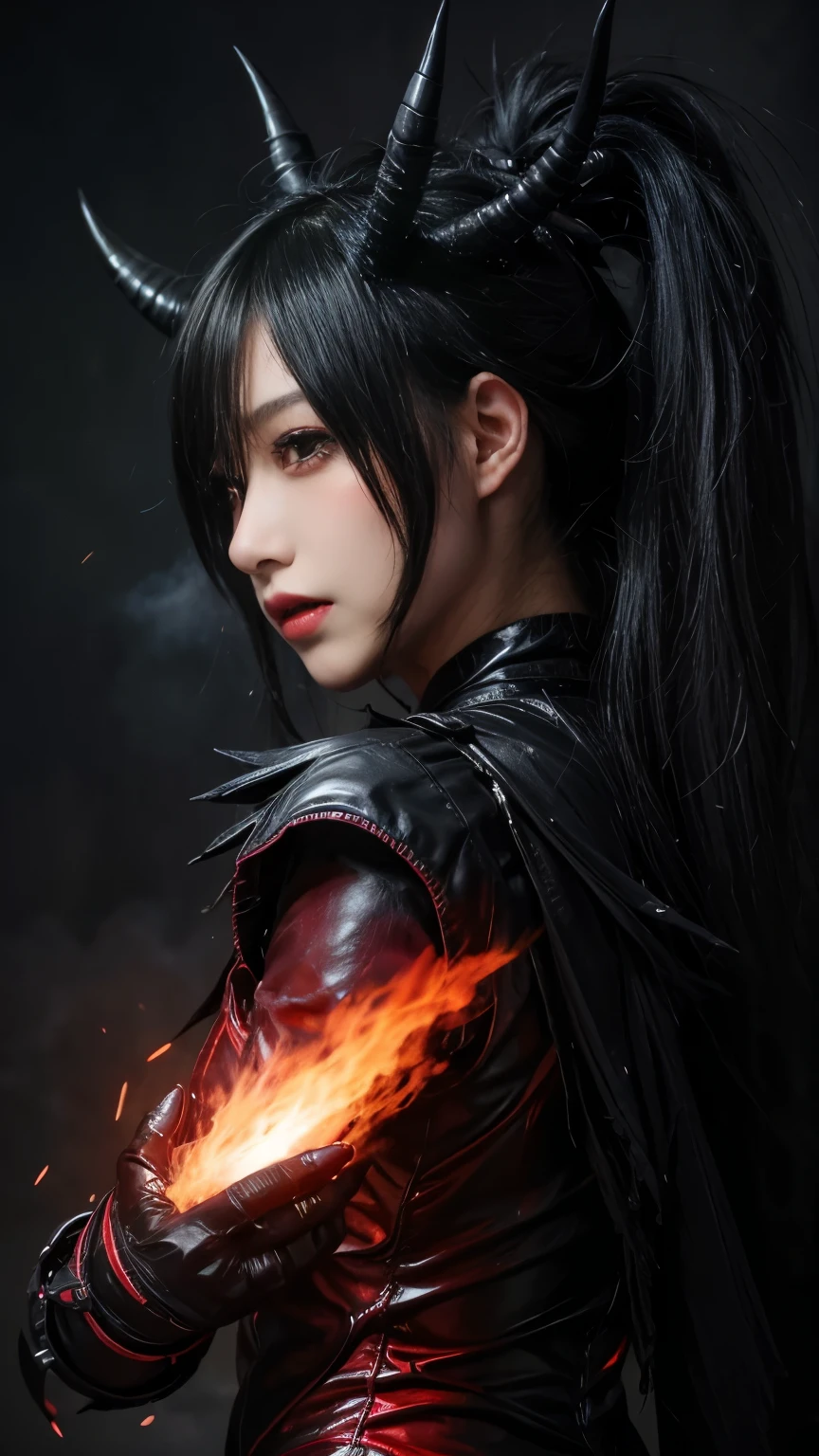 background(Black Night Sky,Big Moon),Close-up of a woman、realistic girl rendering, (highest quality,4K,8k,High resolution,masterpiece:1.2),Very detailed,(Realistic,photoRealistic,photo-Realistic:1.37),Mythical monster,Beast-like creature,Muscular,Six big legs,Stand like a gorilla,Red fur covering the body,two big horns,Drill teeth,Sharp Claws,Huge shape,Burning Fire Magic,Energy aura,A threatening presence,Glowing Eyes,Intimidating posture,Dark Environment,Smoke-filled air,Ominous Shadow,Majestic and fierce,Explosive power,Vibrant colors,bold,Horror art style,moving composition,Dramatic lighting,rib layer,large sharp teeth,Sharp Edges,Very detailedスケール,Burning Crack,Burning Flames,Furious expression,Burning with anger,Surrounded by sparks and embers