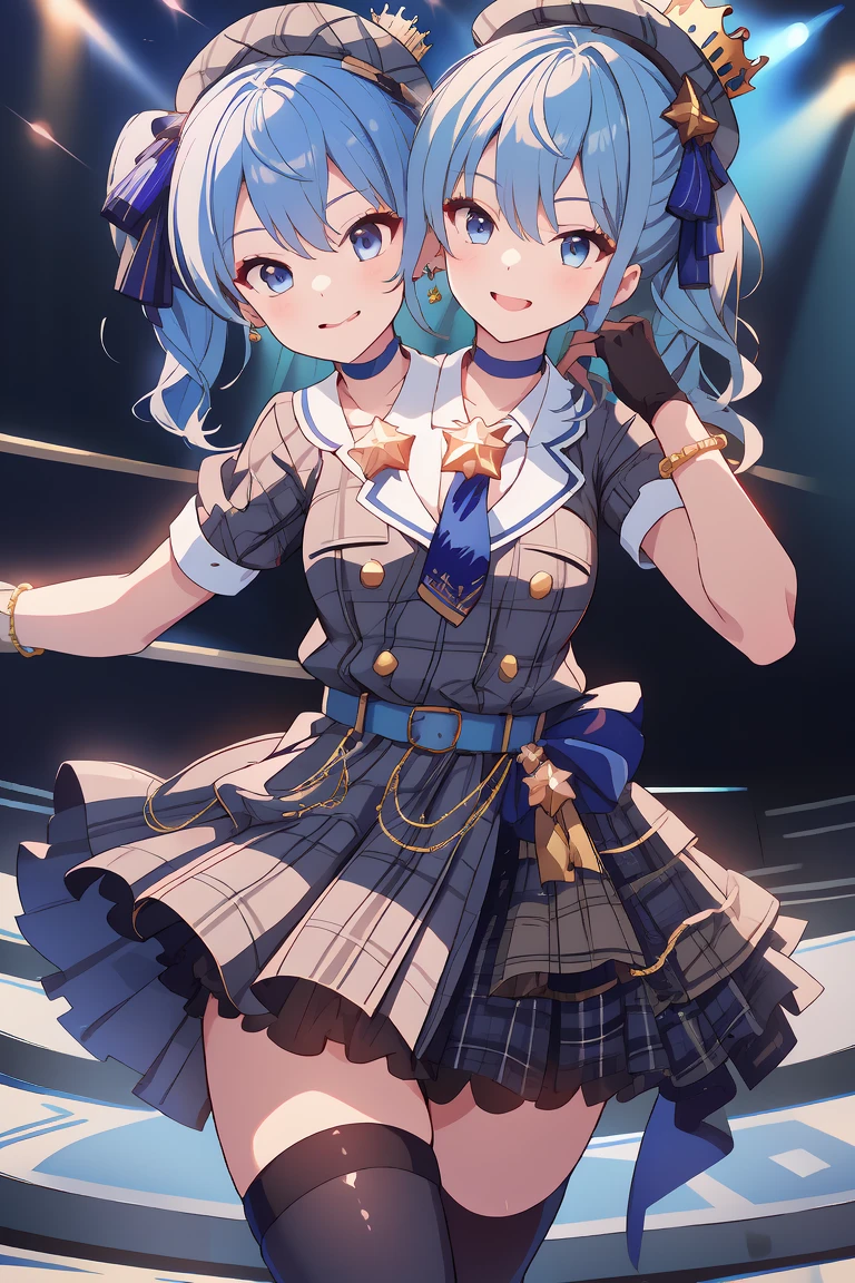 (masterpiece, best quality), best resolution, 16k, (2heads:1.5), close-up, 1girl, solo, HoshimachiSuisei, side ponytail, blue hair ribbon, SuiseiBase, plaid beret, crown, blue star choker, star earrings, blue ascot, plaid jacket, plaid skirt, layered skirt, partially fingerless gloves, star bracelet, uneven legwear, thigh strap, (standing, stand straight), (cheek-to-cheek), (looking-at-the-ceiling), smiling, mouth close, one eye close, (left arm raise up, right arm Akimbo), stable, concert stage, starfield, spotlight