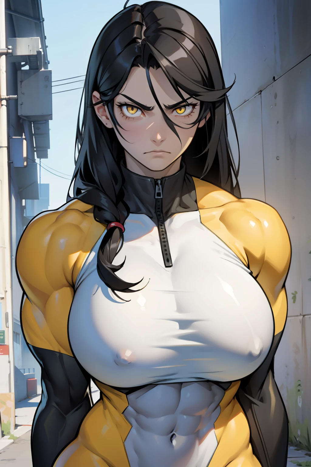 (((1girl muscular))) ((toned body)) black hair yellow eyes pale skin straight hair frown sad huge breasts