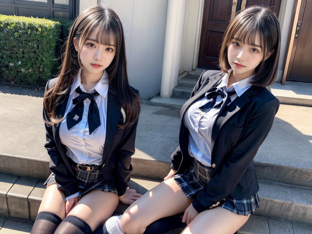(8K, Raw photography, top-quality, ​masterpiece:1.2), master piece, best quality, illustration, Super detailed, fine details, High resolution, 8K,wall paper, perfect dynamic composition,(Details High quality, realistic depiction of eyes:1.3), ((2 girls, 2 schoolgirls)), The background is a luxury hotel room、High school girl uniform、blazer 、Super Short Check Uniform Skirt、Navy blue high socks、garterbelts、Colossal tits、Disturbed uniform, Play with each other,Touching each other's bodies,Touching the body of the girl next door, short bob hair, black hair color, huge breasts, Big Natural Color Lip, bold sexy pose, (perfect body shape), crying a little、cold gaze,  Beautiful makeup,glitter makeup,Cutest 18 years old, beautiful legs, hposing Gravure Idol, Voluptuous thighs
