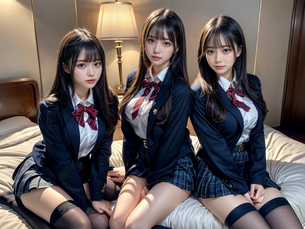(8K, Raw photography, top-quality, masterpiece:1.2), master piece, best quality, illustration, Super detailed, fine details, High resolution, 8K,wall paper, perfect dynamic composition,(Details High quality, realistic depiction of eyes:1.3), ((2 girls, 2 schoolgirls)), The background is a luxury hotel room、High school girl uniform、blazer 、Super Short Check Uniform Skirt、Navy blue high socks、garterbelts、Colossal tits、Disturbed uniform, Play with each other,Touching each other's bodies,Touching the body of the girl next door, short bob hair, black hair color, huge breasts, Big Natural Color Lip, bold sexy pose, (perfect body shape), crying a little、cold gaze, Beautiful makeup,glitter makeup,Cutest 18 years old, beautiful legs, hposing Gravure Idol, Voluptuous thighs