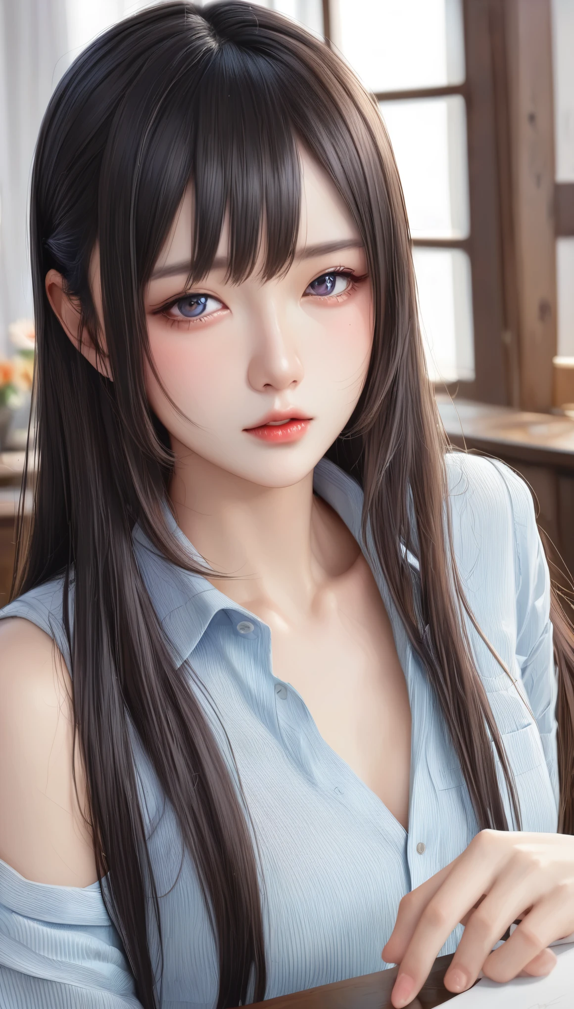 Tabletop, highest quality, Very delicate and beautiful girl,Very delicate and beautiful, Silky black hair、灰色のpupil、Very detailed_face_pupil, Very detailed, highest quality, High resolution, Very detailed,1 girl, highest quality, shape, Looking at the audience, Genuineistic, Realist ,Genuine,