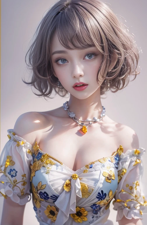28 years old, Close up portrait of woman in colorful clown costume、Shoulders out、thin、Serious expression、Short-haired、Deadly position, Gorgeous Necklace, Light milky porcelain skin, Smooth, Translucent white skin, Enchanting anime girl, Beautiful and seductive anime woman, Ultra realistic sweet bunny girl, Pale porcelain white skin, Smooth, Realistic and perfect body, Anime Girl Cosplay, Perfect body with realistic shadows, Switzerland&#39;masterpiece