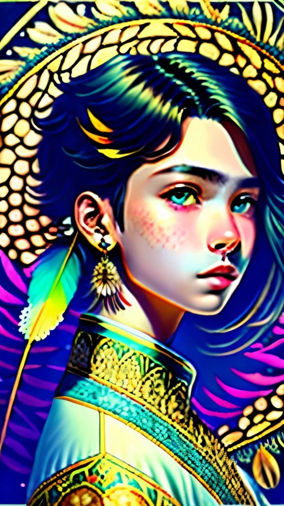 (masterpiece, upscale, best quality, Official Art, beautiful and aesthetic: 1.2), (1 Boy: 1.3), Very detailed, (Fractal Art: 1.1), (rich and colorful: 1.1) (Flores: 1.3), The most detailed, (Zentangle: 1.2), (dynamic posing), (抽象background: 1.3), (shiny skin), (Many colors: 1.4), ,(Earrings), (feather: 1.5) , (flamethrower: 1.3), background, Phoenix Clothes, Gustav Klimt&#39;s Gaze, Beksinski, Tamara Lempica, Van Gogh's Starry Night, Afremov&#39;s colors, Paul Klee's style, Gustav Klimt&#39;s Lines, Mark Chagall's blue, Vasily Kandinsky's balance. Smart boy, From Hertask, Stormy sun, Amandine Van Ray&#39;s simple lines, Sonia Delaunay (Sonia Delaunay) Style