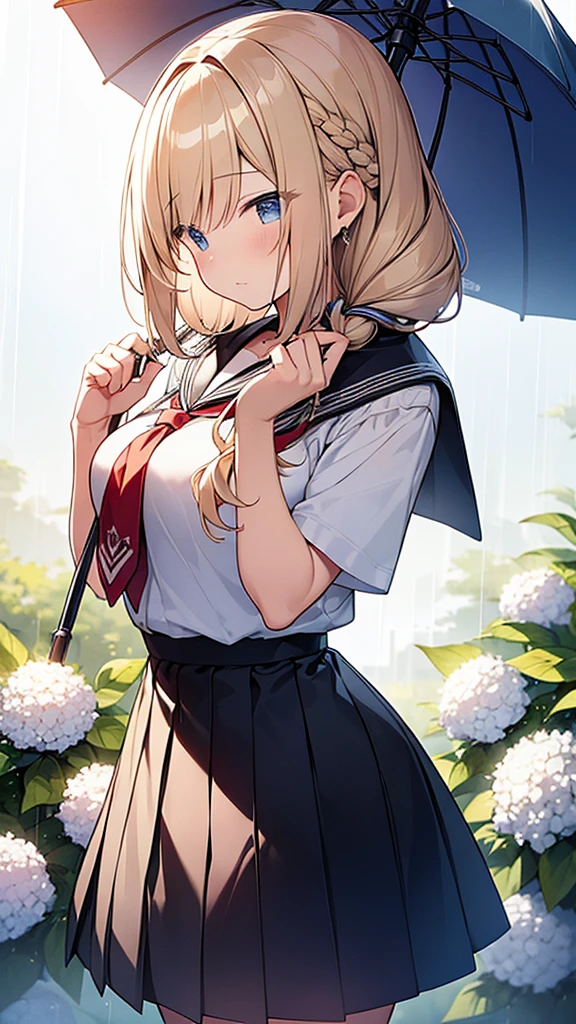 (Masterpiece, Top quality: 1.5), side view, looking up, (1 beautiful blond hair girl), Many hydrangea flowers, (Short-sleeved sailor suit、Navy Skirt、Red tie), beautiful scene, rainy, dim, Holding a large pink umbrella, (junior high school student), soft line drawing, digital enhancement, A melancholic look, ( Hair length to shoulders), braid, angle from which the whole body is visible, entangle, dynamic pose