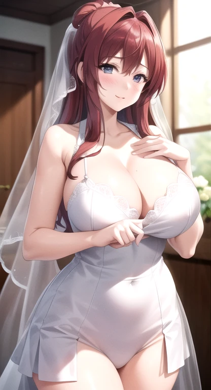 1 girl,20 years old, red hair, Wedding dress,large Chest, Young women,Fair Finger,Fair long legs,Fair Body,Fair Nose,Fair character design, Perfect eyes, perfect Face,expressive eyes, looking at the audience,(leading_Body),(Focus on her Face), Official Art,Extremely detailed CG unity 8k wallpaper, Perfect Lighting,rich and colorful, bright_front_Face_Light,發Light的皮膚, (masterpiece:1.0),(the best_quality:1.0), Ultra-high resolution,4k,Super detailed, photography, 8K, HDR, high resolution, absurd:1.2, Kodak Portrait 400, Film Grain, Blurred background, Bokeh:1.2, 鏡頭Light暈, (Full of energy_color:1.2) (Fair,Big goals_Chest:1.4), (Fair_Face:1.5),(narrow_waist),Wedding dress, Wedding dress, bride,bride, veil, smile, happy