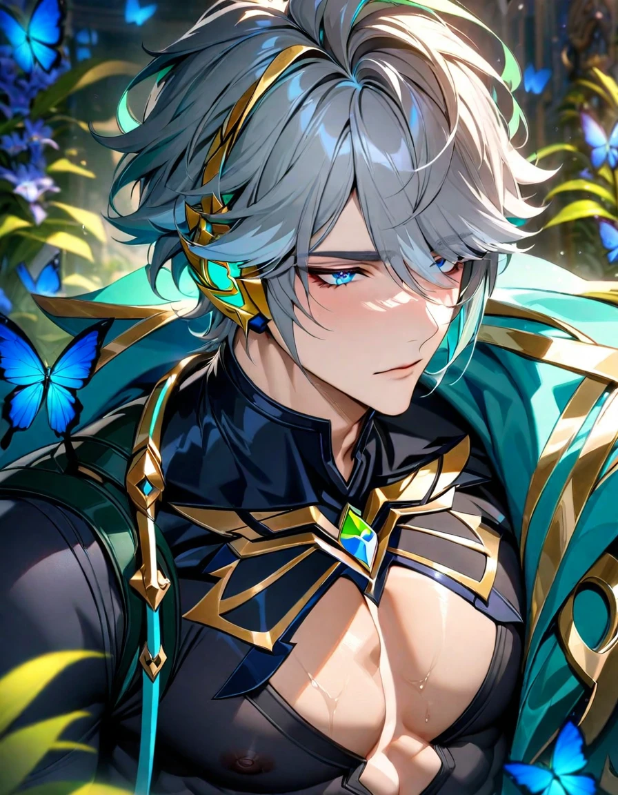 absurdres, highres, ultra detailed, HDR, master piece, best quality, perfect face, Alhaitham, gray hair, expressive blue eyes, Genshin Impact, solo, sexy man, handsome, toned chest, sensual, erotic, black tight shirt, green cape, a blue field full of beautiful flowers and butterflies, exquisite colors, purple, blue