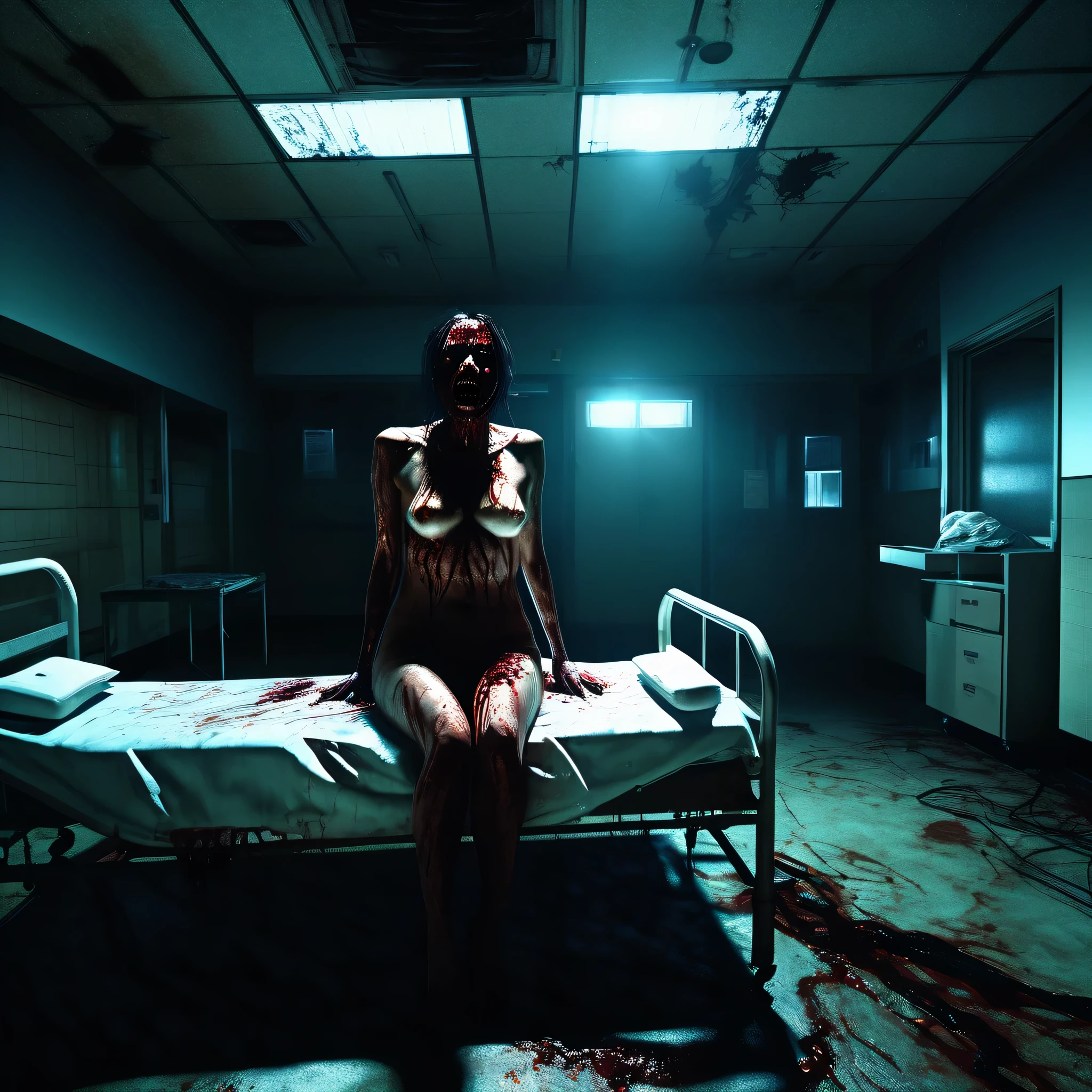 horror scene, knife, dark hospital room, evil, mystic, gore, attractive naked female, undead ,glowing eyes, evil demon, abandoned hospital, gore, chiaroscuro, cinematic lighting, ray tracing, Ultra-Wide Angle, UHD, masterpiece, textured skin, super detail, best quality, highres, 4K, photorealism