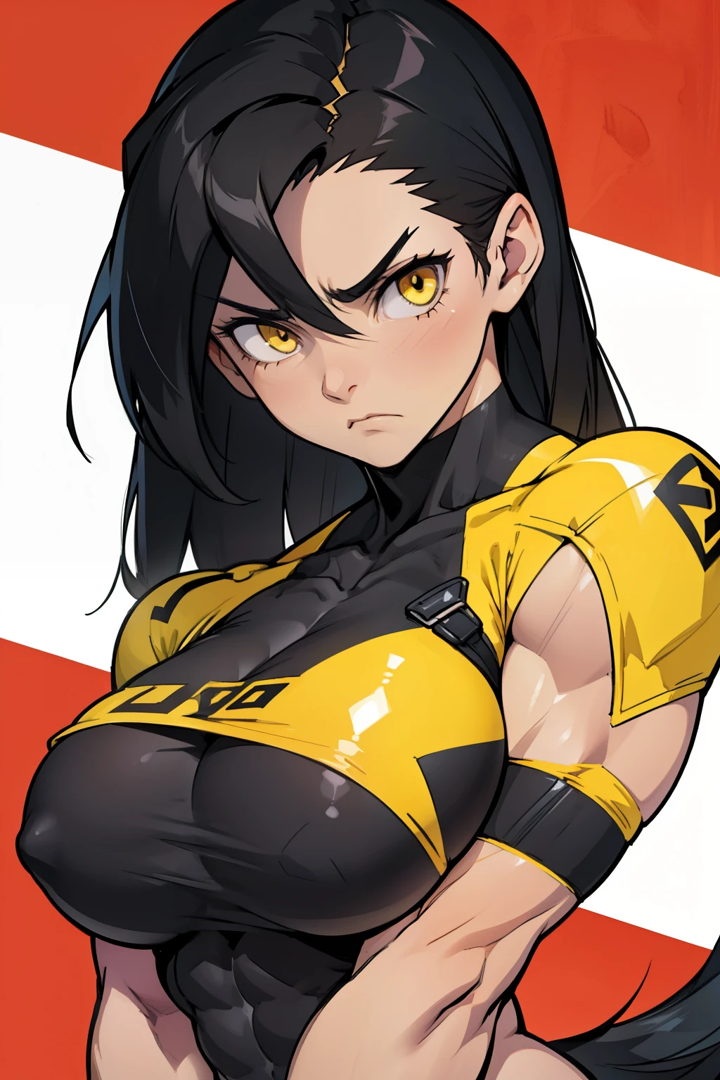 (((1girl muscular))) ((toned body)) black hair yellow eyes pale skin straight hair frown sad huge breasts