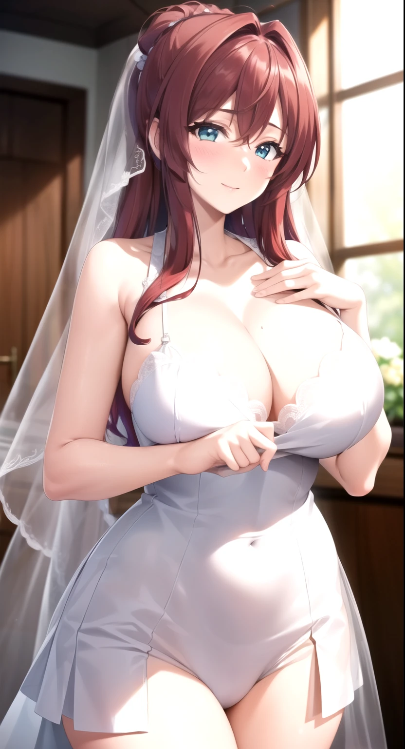 1 girl,20 years old, red hair, Wedding dress,large Chest, Young women,Fair Finger,Fair long legs,Fair Body,Fair Nose,Fair character design, Perfect eyes, perfect Face,expressive eyes, looking at the audience,(leading_Body),(Focus on her Face), Official Art,Extremely detailed CG unity 8k wallpaper, Perfect Lighting,rich and colorful, bright_front_Face_Light,發Light的皮膚, (masterpiece:1.0),(the best_quality:1.0), Ultra-high resolution,4k,Super detailed, photography, 8K, HDR, high resolution, absurd:1.2, Kodak Portrait 400, Film Grain, Blurred background, Bokeh:1.2, 鏡頭Light暈, (Full of energy_color:1.2) (Fair,Big goals_Chest:1.4), (Fair_Face:1.5),(narrow_waist),Wedding dress, Wedding dress, bride,bride, veil, smile, happy