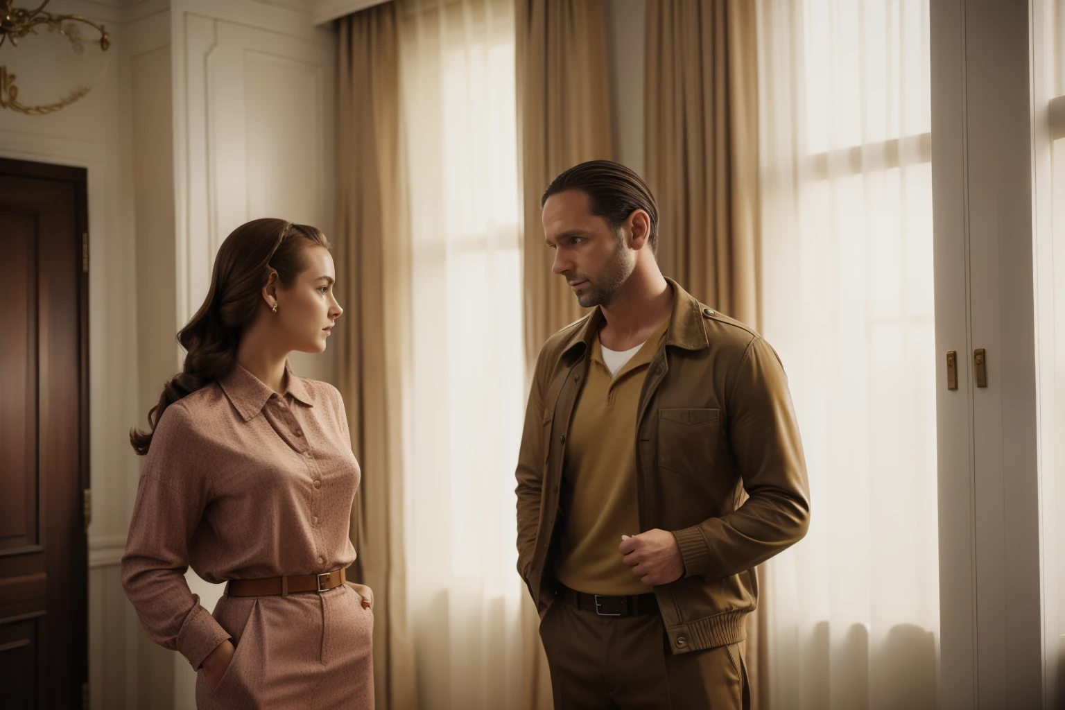 Lisbon, 1941. A young ((((39-year-old)) Marcus Logan)), pale englishman, tall, standing in a luxurious room, talking to his girlfriend Sira Quiroga, intimate, romantic, ((sad expression)), ((((casual day clothings from the 1940s)))), ((messy chestnut hairstyle of the 1940s)), ((colorful))