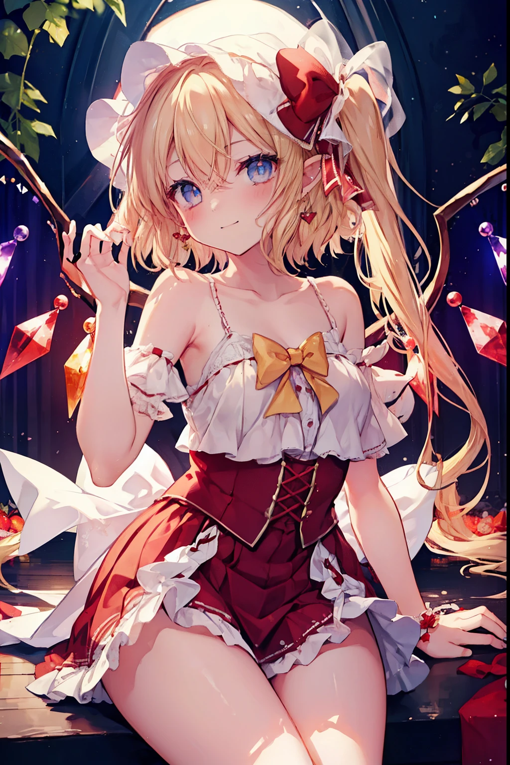 flandre_scarlet、blush,smile、Blonde、Primary school students、The back is very small、Lolita、Small breasts、Please show me your armpits、exterior: 14 years old、Shoulder Bare、The clavicle is visible、Sexy thighs、Beautiful legs、Usual hairstyle、highest quality, High resolution, unity 8k wallpaper, (shape:0.8), (Beautiful and beautiful eyes:1.6), Highly detailed face, Perfect lighting, Highly detailed CG, (Perfect hands, Perfect Anatomy),