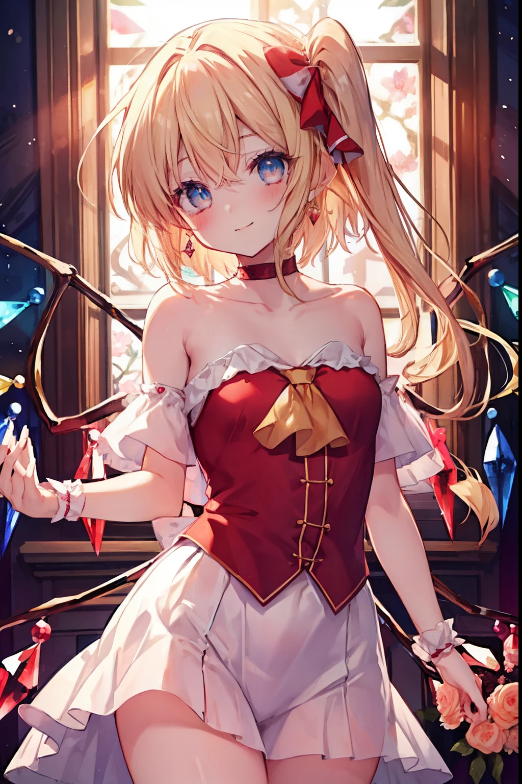 flandre_scarlet、blush,smile、Blonde、Primary school students、The back is very small、Lolita、Small breasts、Please show me your armpits、exterior: 14 years old、Shoulder Bare、The clavicle is visible、Sexy thighs、Beautiful legs、Usual hairstyle、highest quality, High resolution, unity 8k wallpaper, (shape:0.8), (Beautiful and beautiful eyes:1.6), Highly detailed face, Perfect lighting, Highly detailed CG, (Perfect hands, Perfect Anatomy),