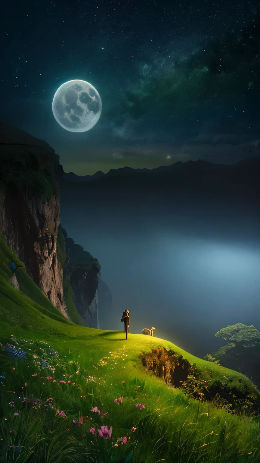masterpiece, (((highest quality))),landscape, Dark Night, Bright Moon, Weak Star, cliff, The wind is blowing, Green Grass, Fantasy, Magical World, waterfall,