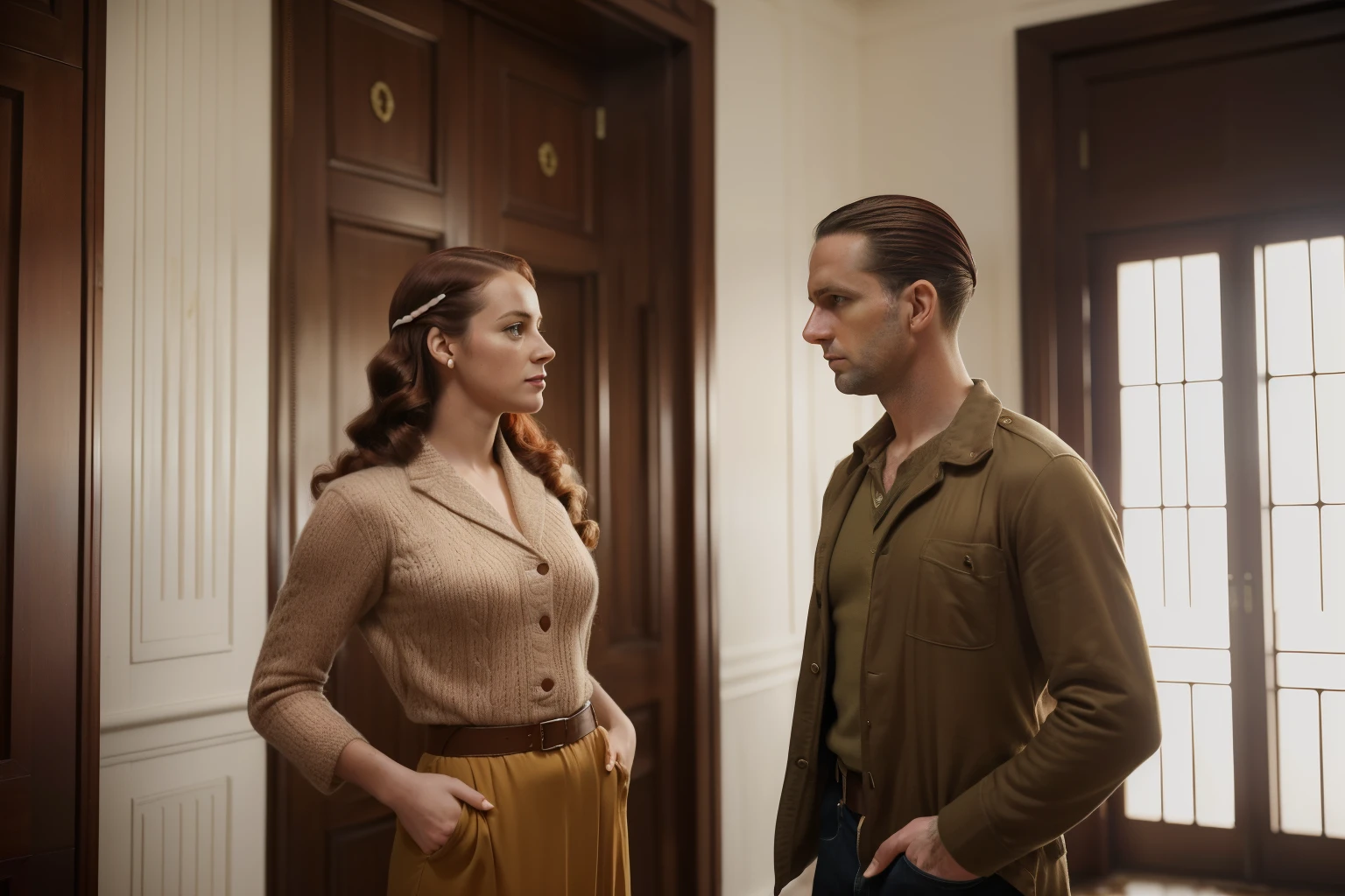 Lisbon, 1941. A young ((((39-year-old)) Marcus Logan)), pale englishman, tall, standing in a luxurious room, talking to his girlfriend Sira Quiroga, ((intimate, romantic)), ((sad expression)), ((((casual day clothings from the 1940s)))), ((messy chestnut hairstyle of the 1940s)), ((colorful))