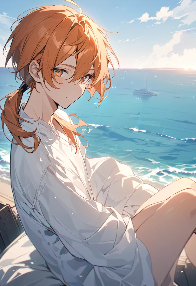 good looking, alone, 1 male, Medium Hair, Low Ponytail, Bright orange hair, Hazel Eyes, White shirt、Beautiful views、Ocean、friendly