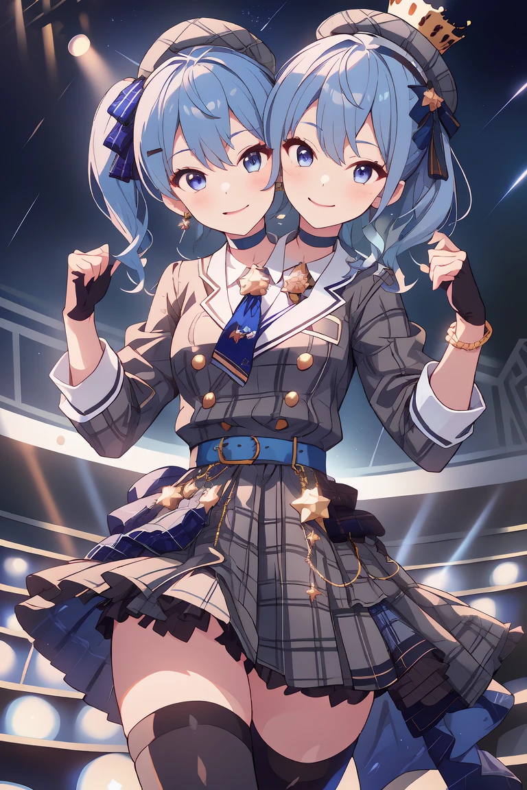 (masterpiece, best quality), best resolution, 16k, (2heads:1.5), close-up, 1girl, solo, HoshimachiSuisei, side ponytail, blue hair ribbon, SuiseiBase, plaid beret, crown, blue star choker, star earrings, blue ascot, plaid jacket, plaid skirt, layered skirt, partially fingerless gloves, star bracelet, uneven legwear, thigh strap, (standing, stand straight), cheek-to-cheek, (((looking-at-the-sky))), smiling, mouth close, one eye close, (((left arm raise up, right arm Akimbo))), stable, concert stage, starfield, spotlight