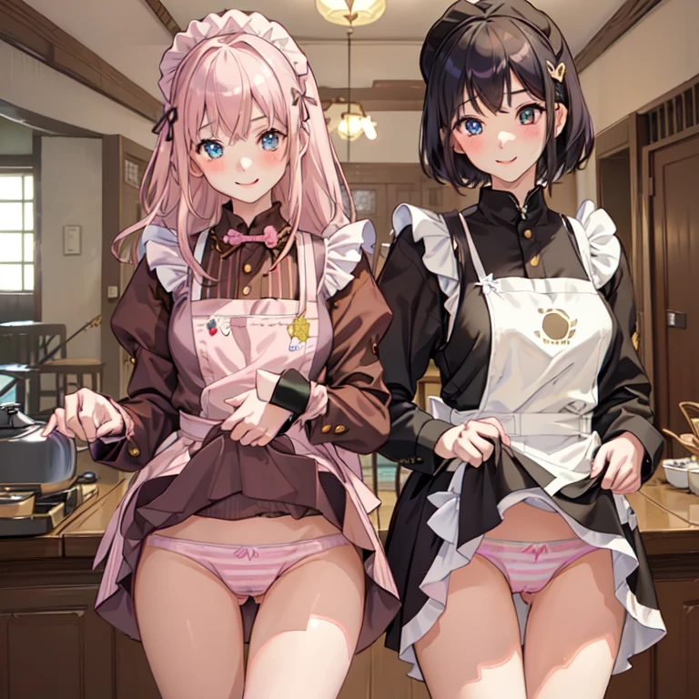 highest quality、masterpiece、((2 girls:1.5))、((smile:1.3))、(blush:1.3)、Black Shirt、blouse、((fun!!))、(Small breasts)、()、Blonde、(Long sleeve)、((White apron:1.5))、((Maid))、((hair ornaments)),、Kamimei、look at me、 ((in house:1.5))、 Taking a break from watching the audience、Cowboy Shot、(Skirt lift:1.3),(Highly detailed pink striped panties:1.3)、(Highly detailed panties:1.3)、、(スカート that rolls up:1.3)、(Panties fully exposed:1.5)、Light blue eyes、long hair、Glowing Eyes