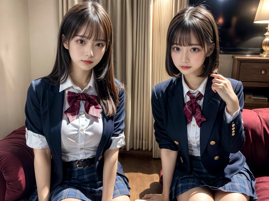 (8K, Raw photography, top-quality, masterpiece:1.2), master piece, best quality, illustration, Super detailed, fine details, High resolution, 8K,wall paper, perfect dynamic composition,(Details High quality, realistic depiction of eyes:1.3), ((2 girls, 2 schoolgirls)), The background is a luxury hotel room、High school girl uniform、blazer 、Super Short Check Uniform Skirt、Navy blue high socks、garterbelts、Colossal tits、Disturbed uniform, Play with each other,Touching each other's bodies,Touching the body of the girl next door, short bob hair, black hair color, huge breasts, Big Natural Color Lip, bold sexy pose, (perfect body shape), crying a little、cold gaze, Beautiful makeup,glitter makeup,Cutest 18 years old, beautiful legs, hposing Gravure Idol, Voluptuous thighs