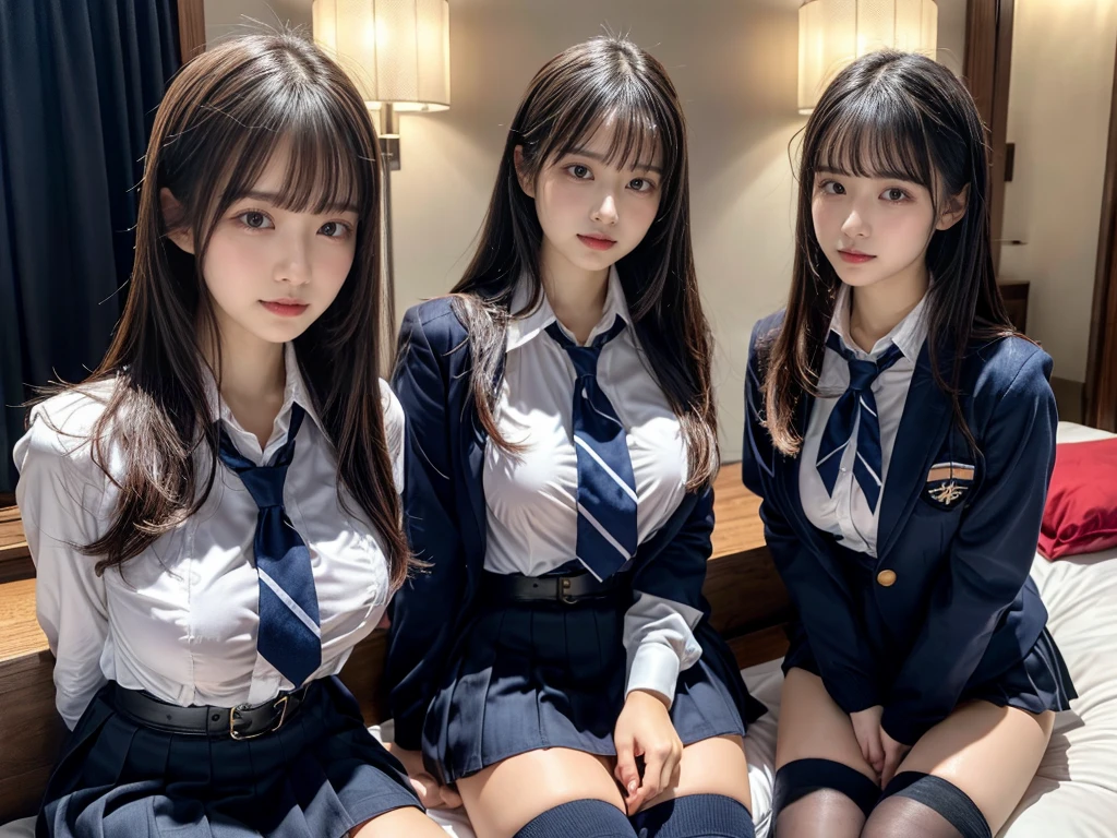 (8K, Raw photography, top-quality, masterpiece:1.2), master piece, best quality, illustration, Super detailed, fine details, High resolution, 8K,wall paper, perfect dynamic composition,(Details High quality, realistic depiction of eyes:1.3), ((2 girls, 2 schoolgirls)), The background is a luxury hotel room、High school girl uniform、blazer 、Super Short Check Uniform Skirt、Navy blue high socks、garterbelts、Colossal tits、Disturbed uniform, Play with each other,Touching each other's bodies,Touching the body of the girl next door, short bob hair, black hair color, huge breasts, Big Natural Color Lip, bold sexy pose, (perfect body shape), crying a little、cold gaze, Beautiful makeup,glitter makeup,Cutest 18 years old, beautiful legs, hposing Gravure Idol, Voluptuous thighs