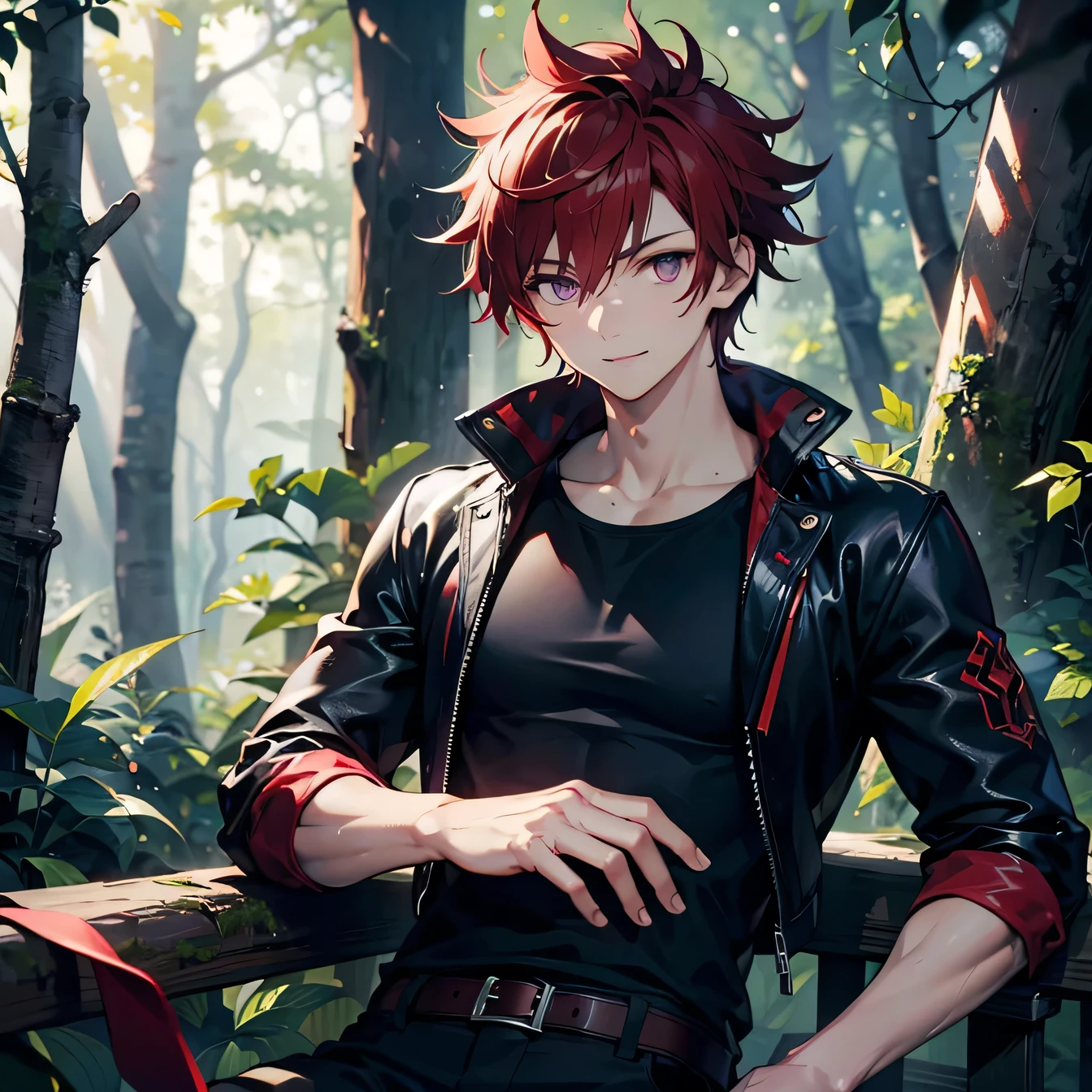 Anime art style,highest quality,High resolution,Anatomically correct,One Man,Twenty generations,Dark red hair,Purple Eyes,Super detailed,Fantasy-style world,Focus on the upper body,Spiky Hair,Spiked Hair,Strong physique,Short black jacket,Plain red tank top,Black trousers,wild atmosphere,Confident々Smile,in the forest,Leaning on a tree,8K