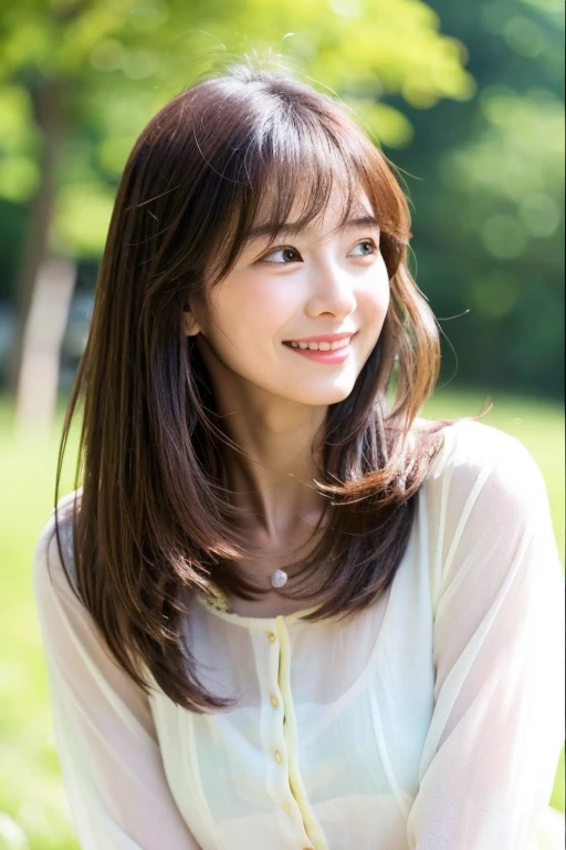 whole body Long hair「A little brown、yellow」Large bust Natural appearance adult「older sister」 cute White and beautiful skin White blouse「Arms are slightly visible 7/3 adultな女性 inner「blue」 A little smile