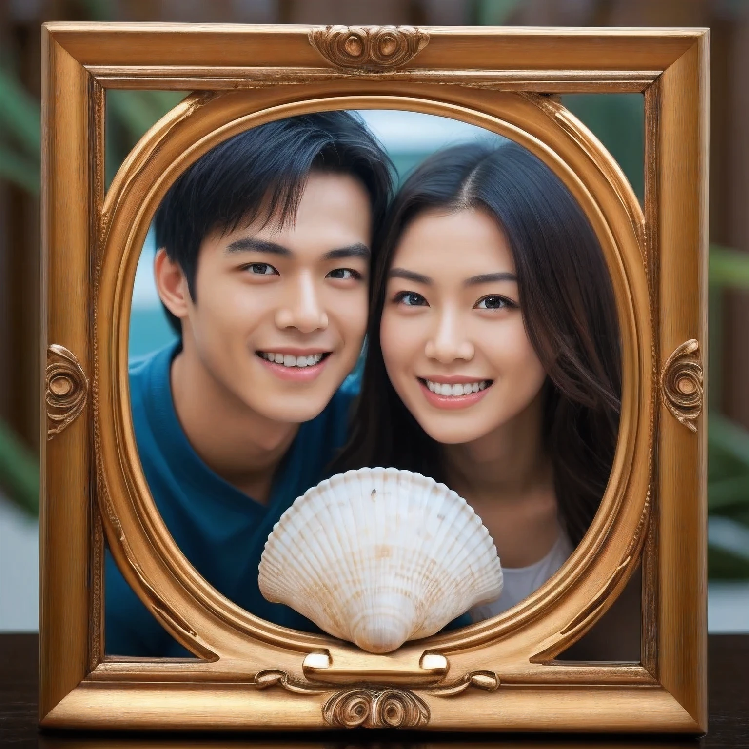 best quality, high resolution, ultra-detailed, extremely detailed, top quality, Smiling Couple, a frame decorated with seashells,