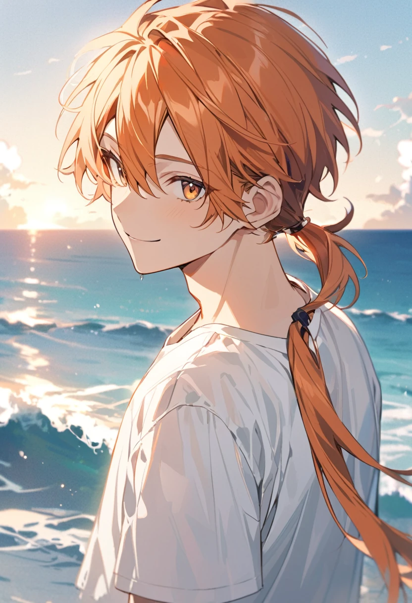 good looking, alone, 1 male, Medium Hair, Low Ponytail, Bright orange hair, Hazel Eyes, White shirt、Beautiful views、Ocean、Friendly smile